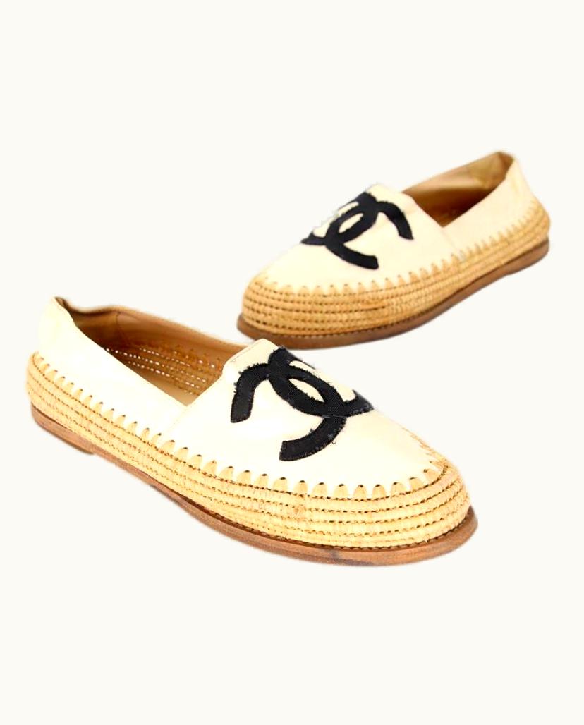 Chanel Chanel Beige Lambskin Leather Cc Woven Raffia Espadrille Flats