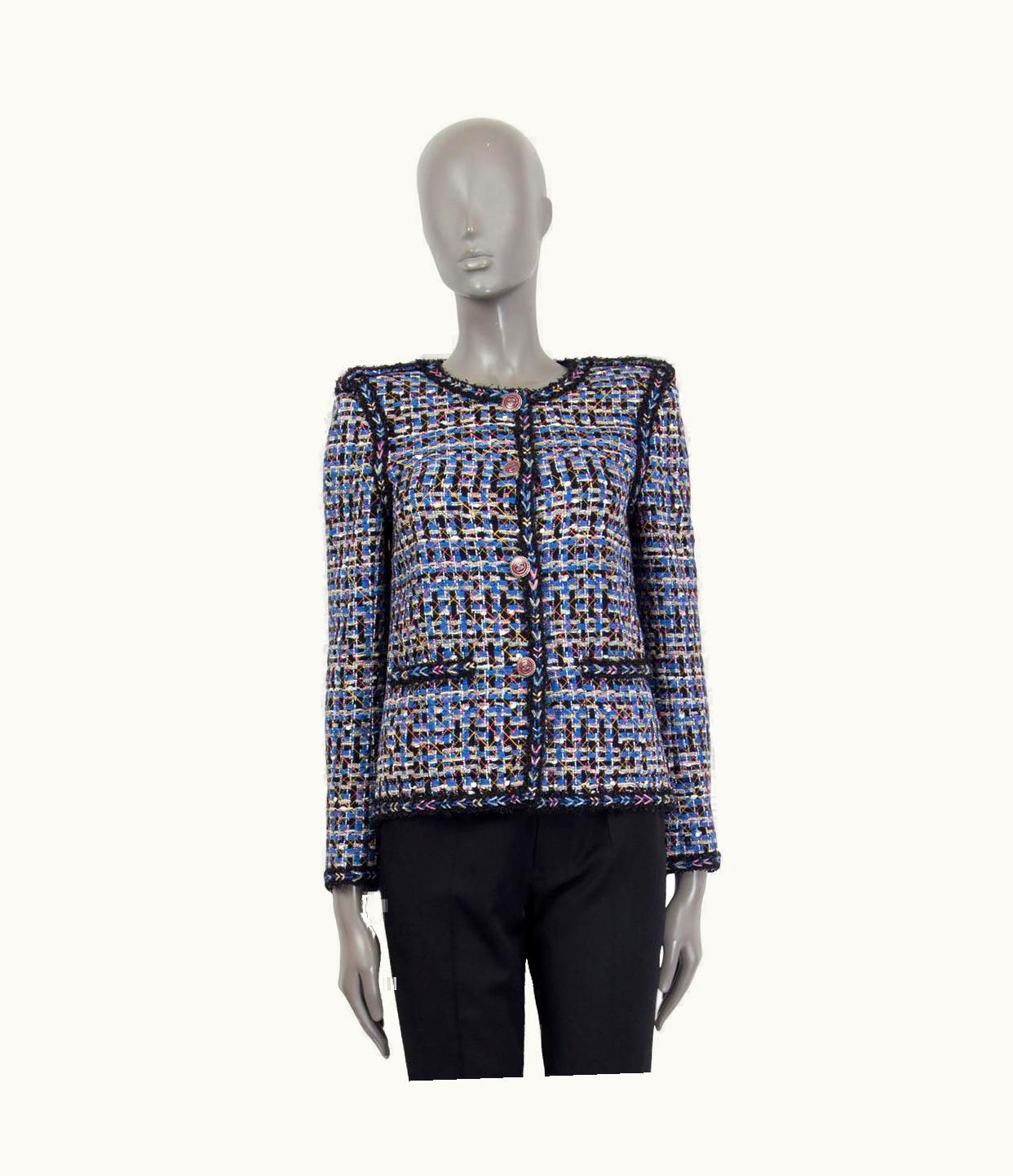 Chanel Chanel Blue & Black Cotton 2016 16p Collarless Tweed Jacket