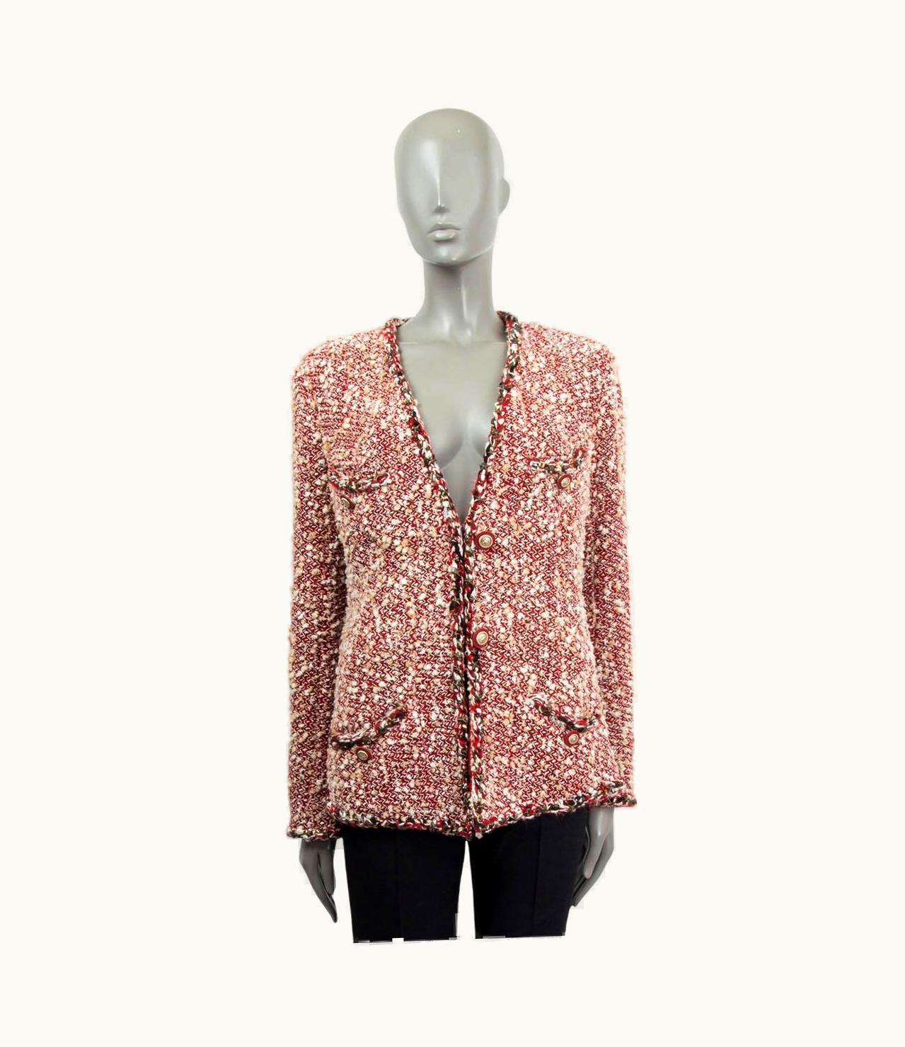 Chanel Chanel Red & White Wool 2014 Dallas Collarless Tweed Jacket 14a
