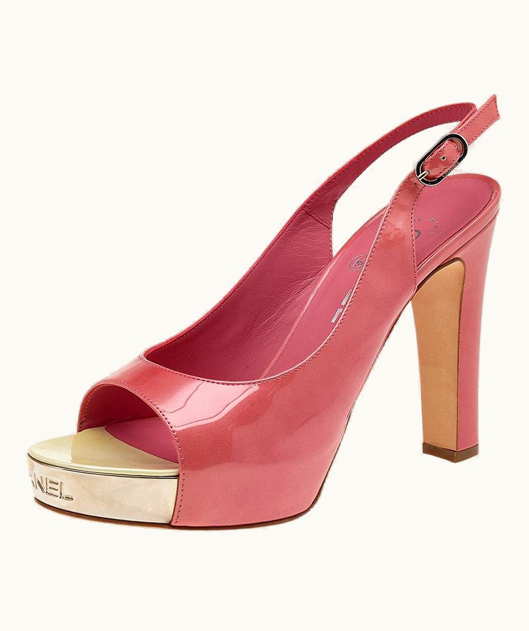 Chanel Chanel Pink Patent Leather Slingback Platform Sandals