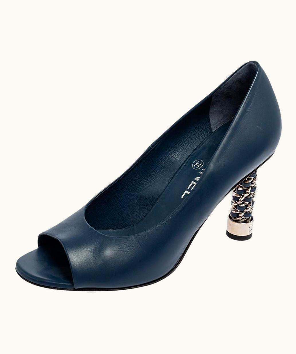Chanel Chanel Navy Blue Leather Peep Toe Pumps