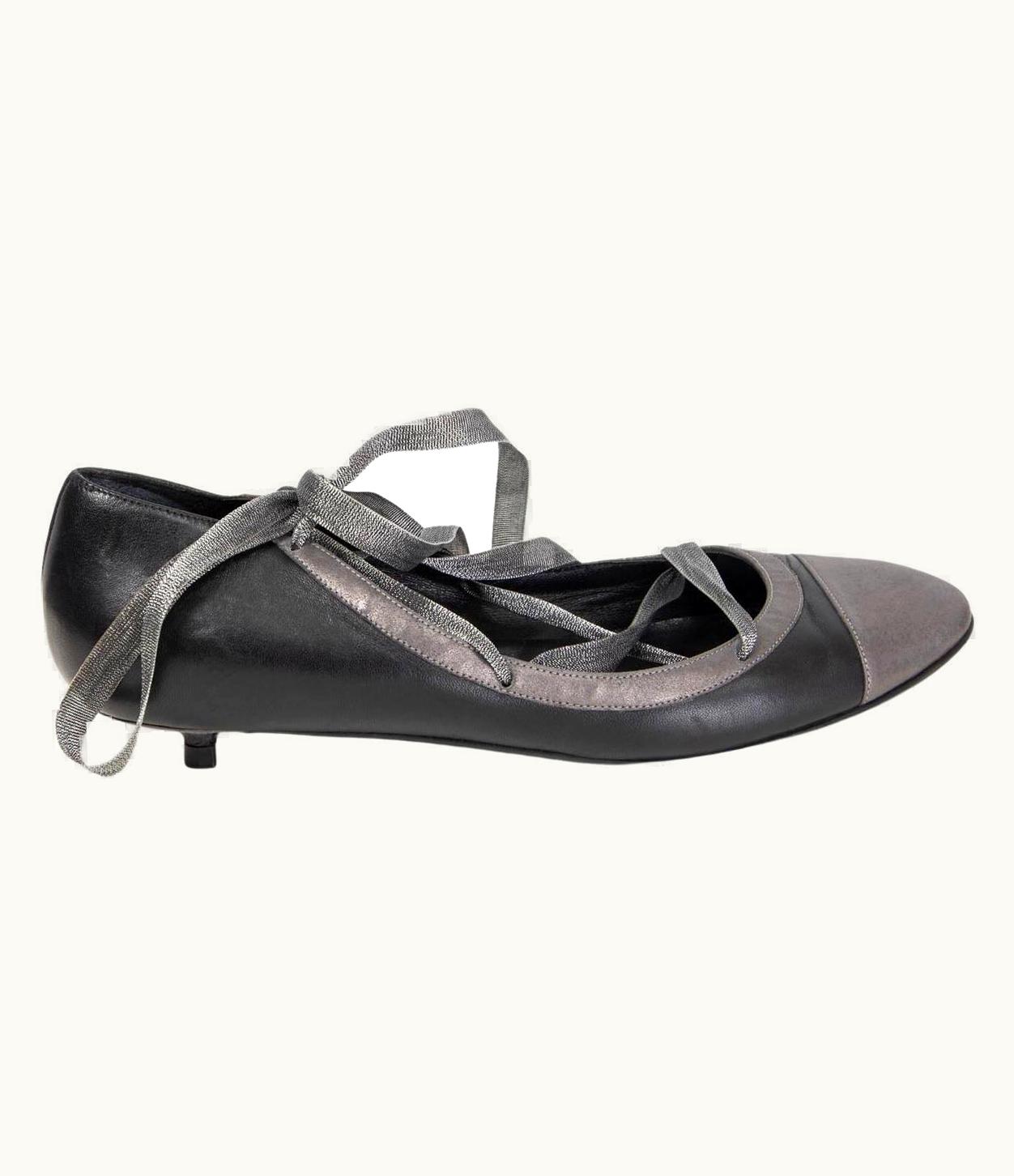Chanel Chanel Black & Grey Leather Lace Up Ballet Pumps Shoes