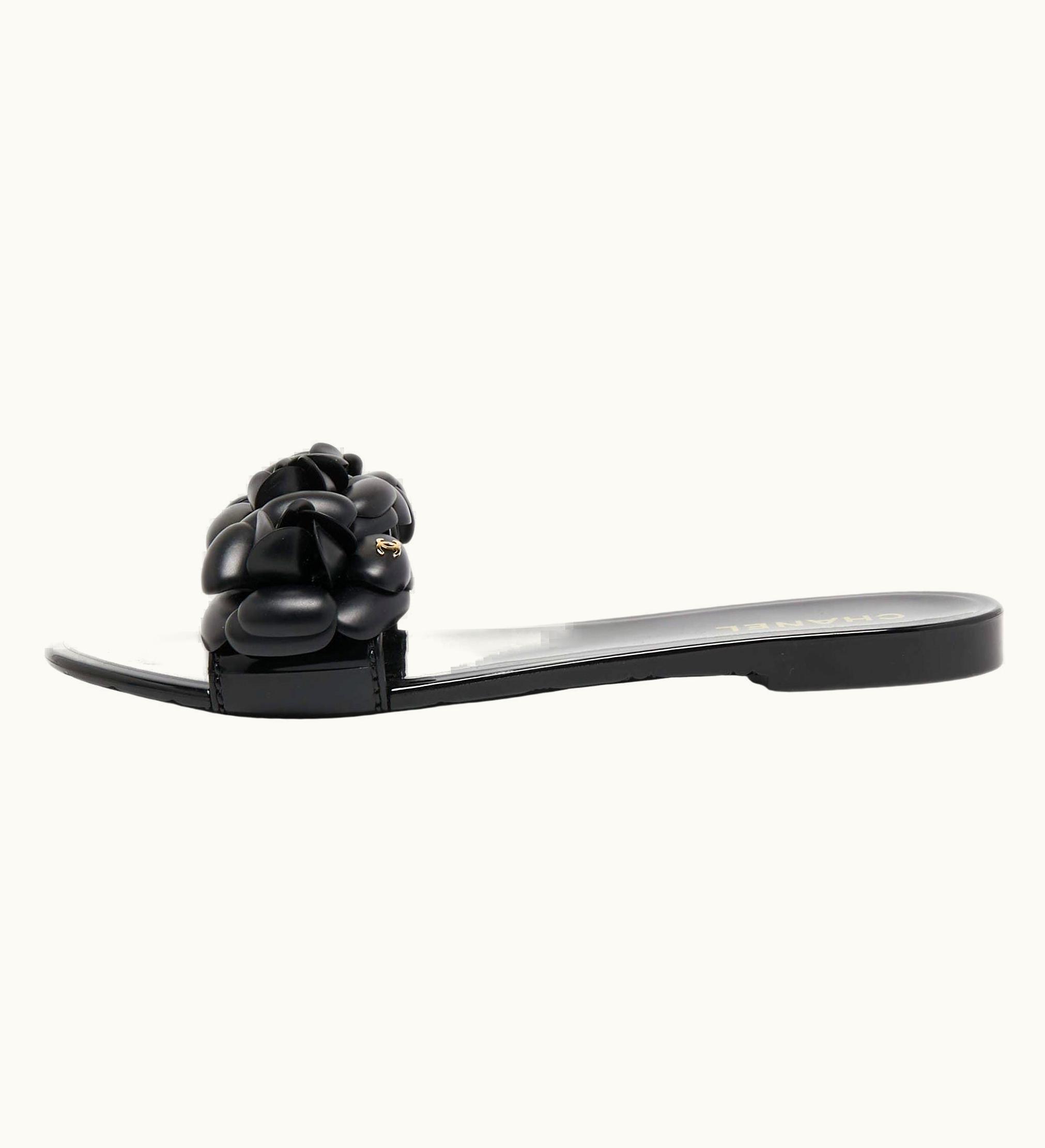 Chanel Chanel Black Rubber Cc Camellia Flat Slides