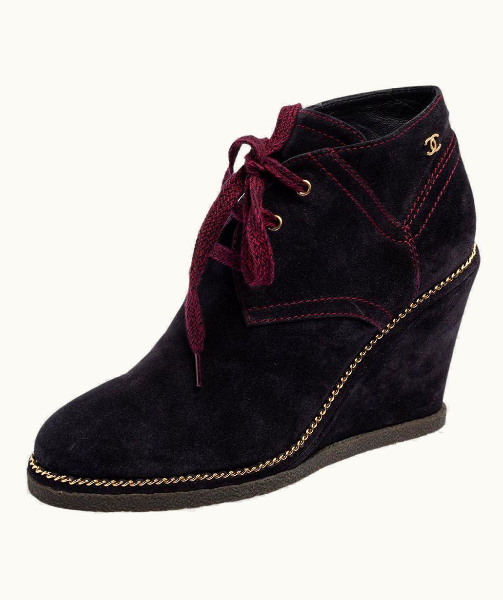 Chanel Chanel Navy Blue Suede Chain Wedge Boots UZ0594405