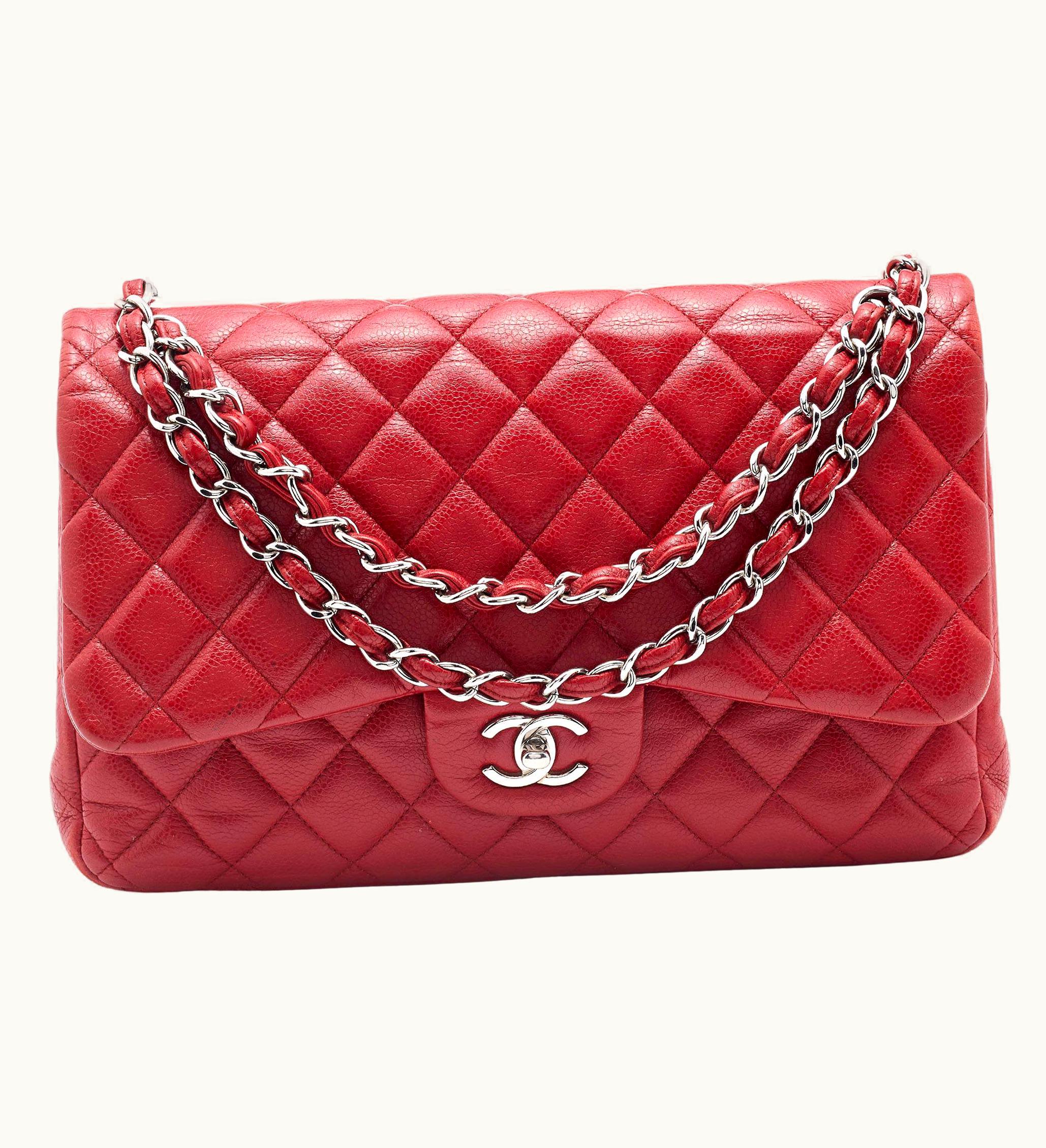 Chanel Chanel Red Quilted Caviar Leather Jumbo Classic Double Flap Bag