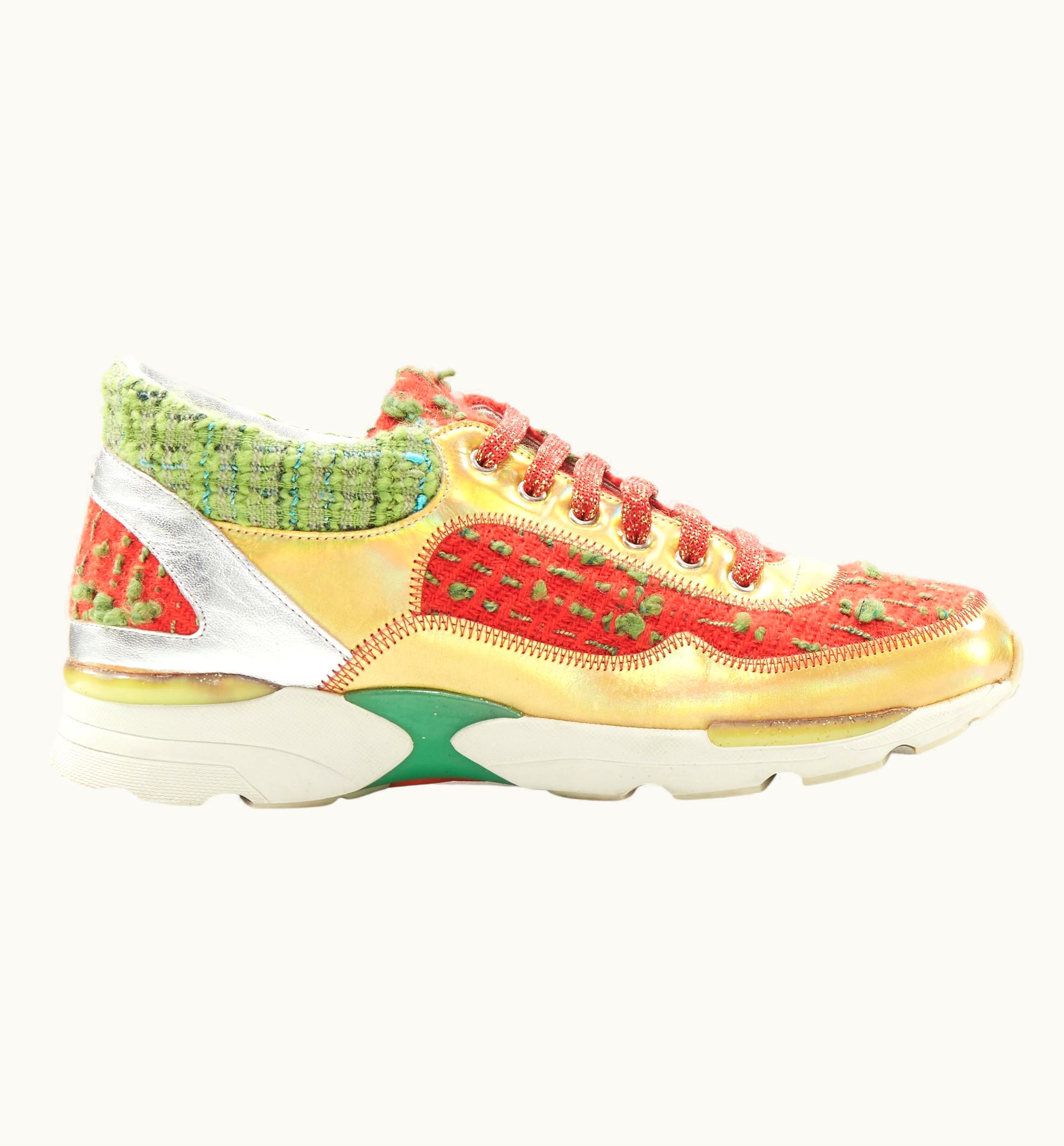 Chanel Chanel Iridescent Gold Red Green Tweed Low Top Sneaker
