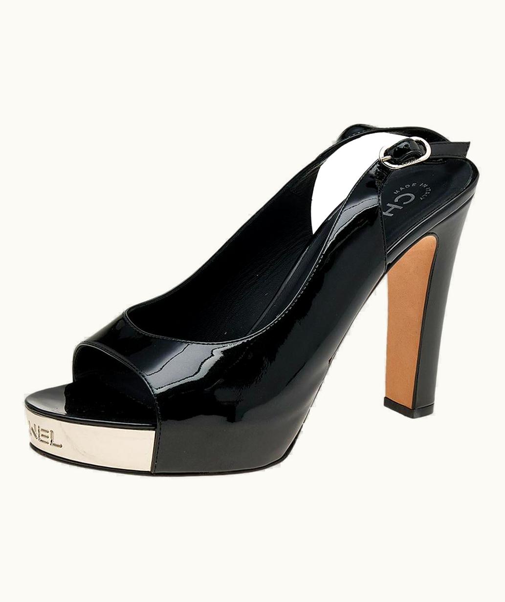 Chanel Chanel Black Patent Leather Slingback Platform Sandals