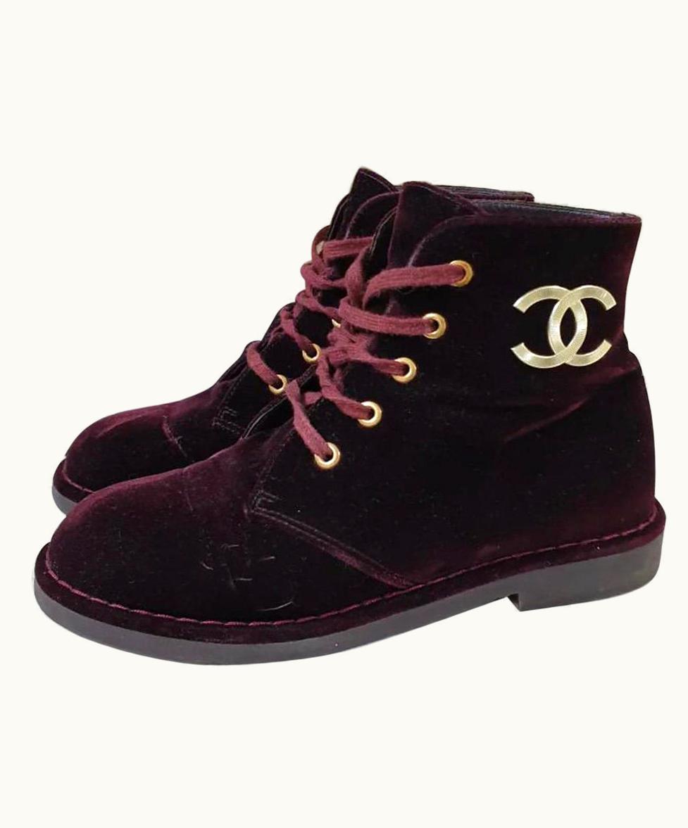 Chanel Chanel Burgundy Velvet Cc Logo Lace Up Ankle Boots