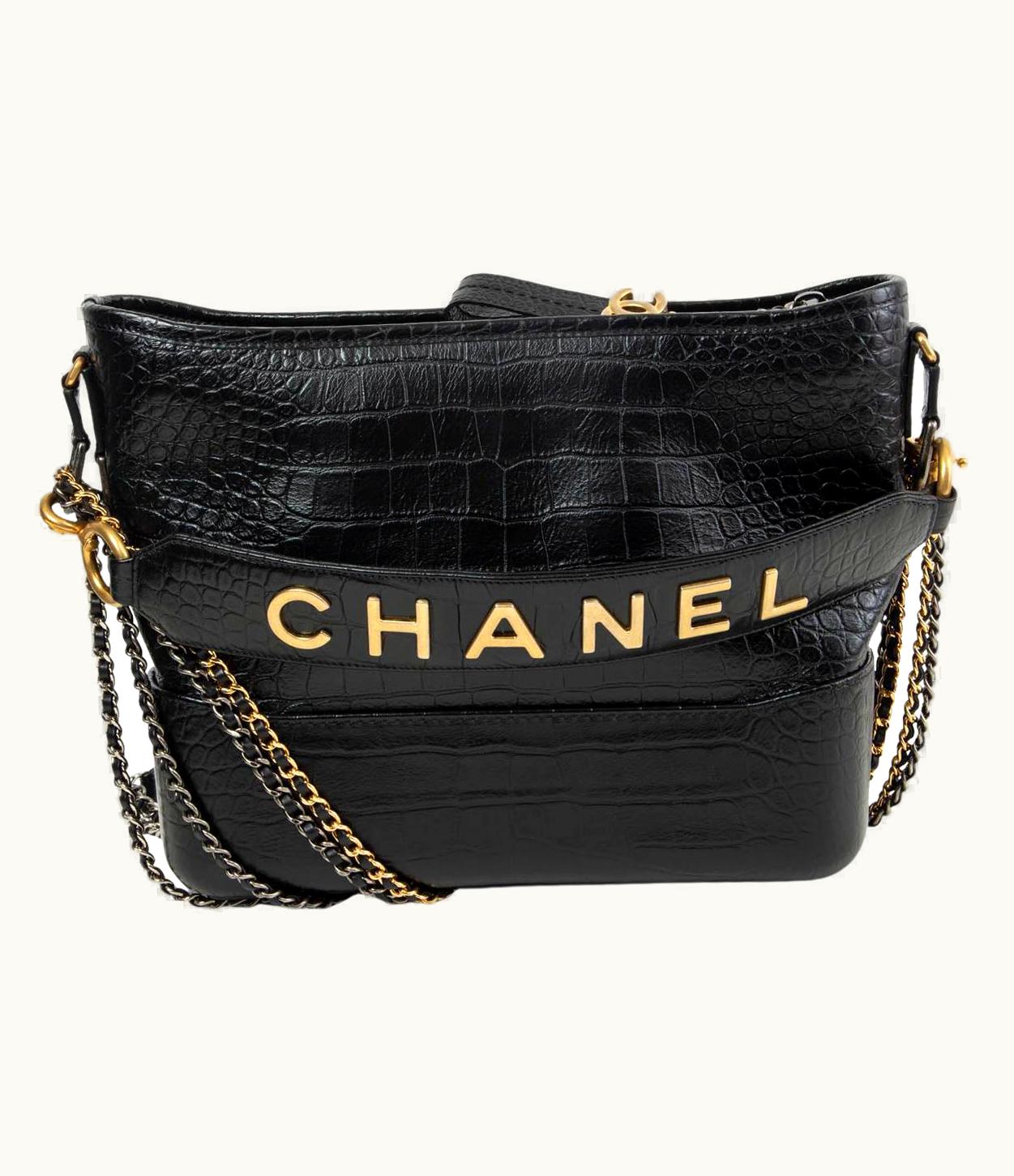 Chanel Chanel Black Leather 2019 York Croco Gabrielle Medium Hobo Shoulder Bag