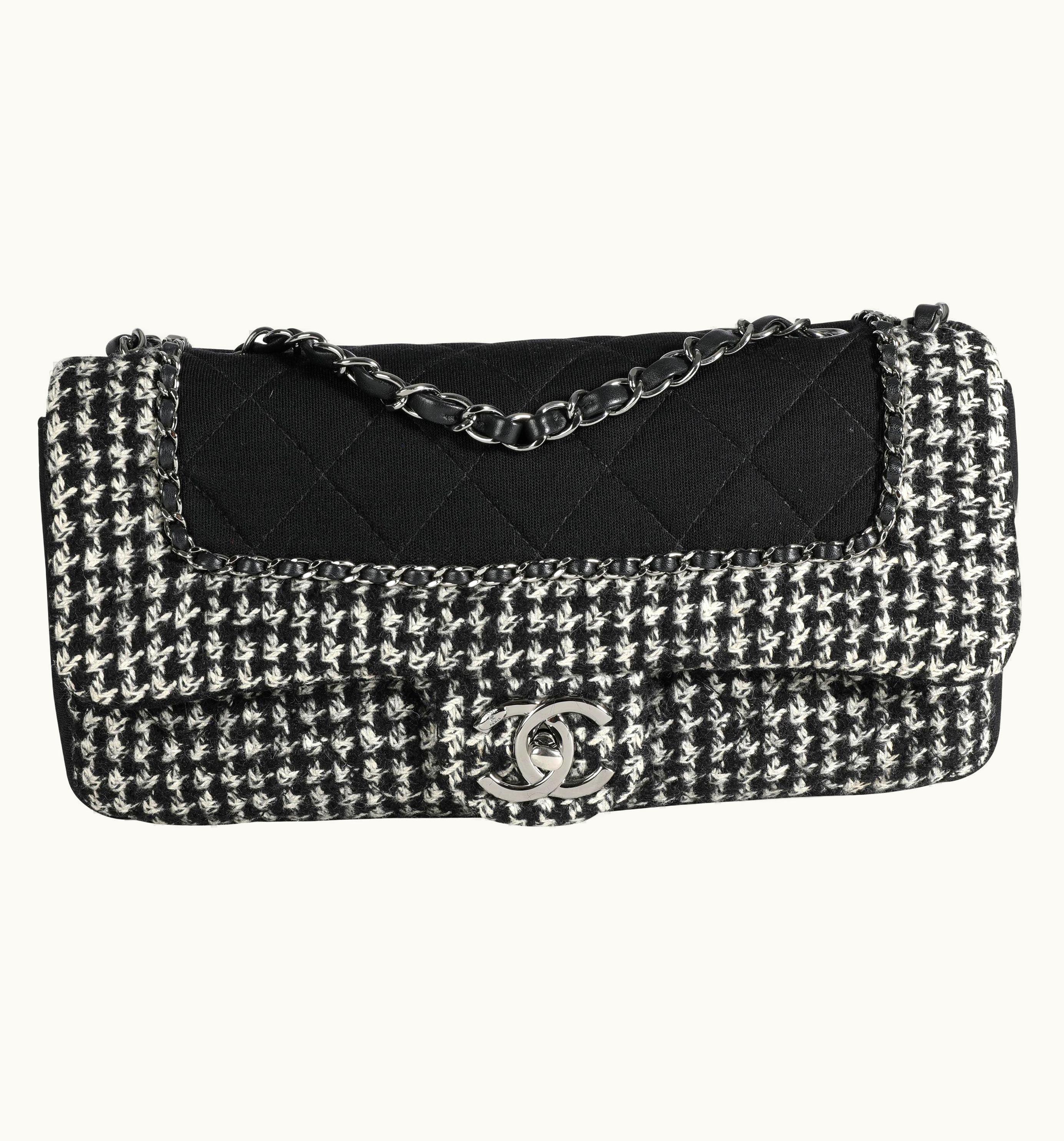 Chanel Chanel Black & White Jersey And Houndstooth Boucle Single Flap Bag