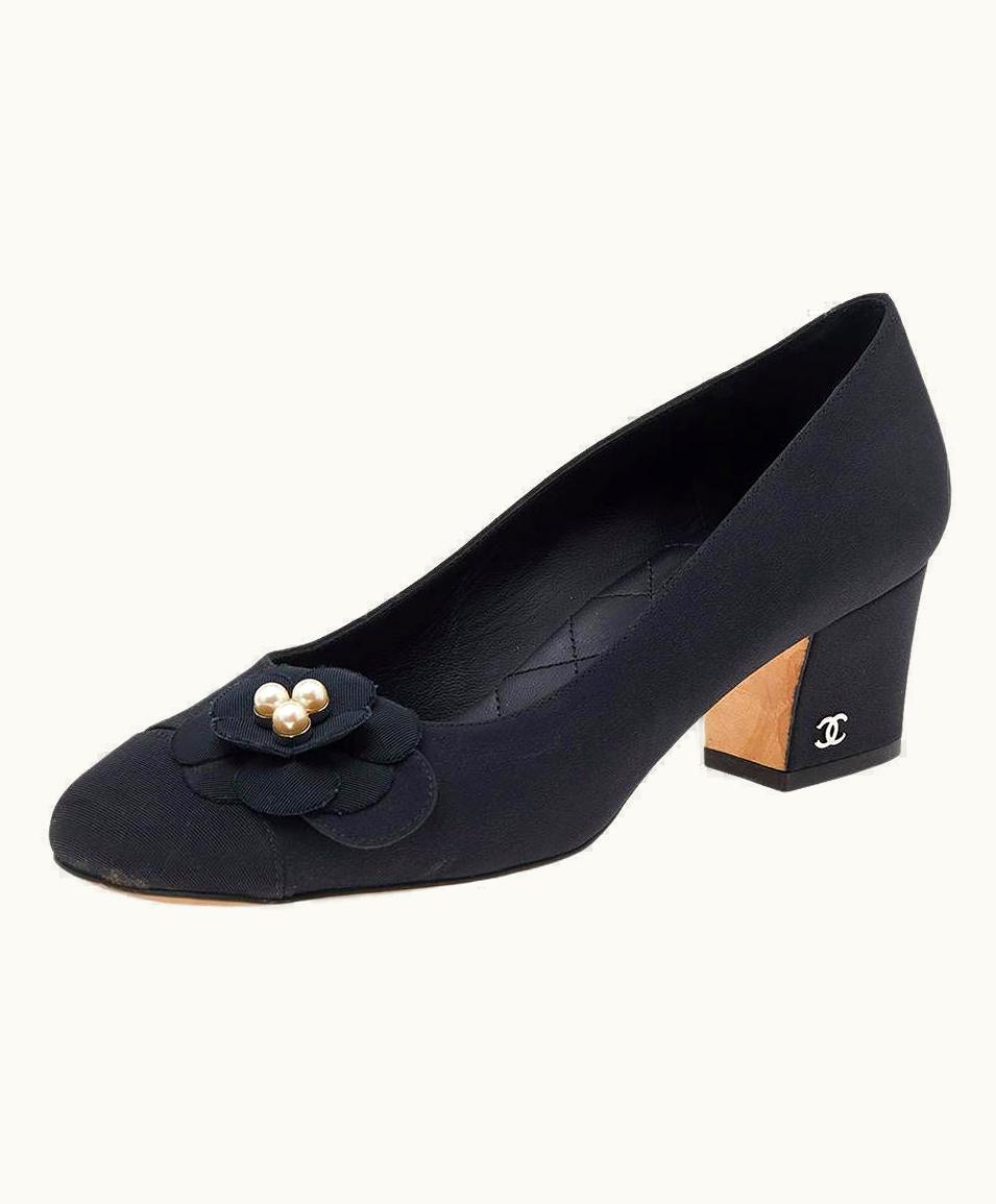 Chanel Chanel Black Fabric Camellia Cc Block Heel Pumps