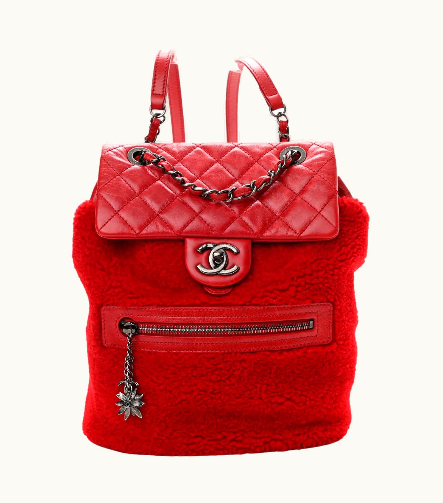 Chanel Chanel 2015 Paris-Salzburg Mountain Red Shearling Leather Rucksack Backpack