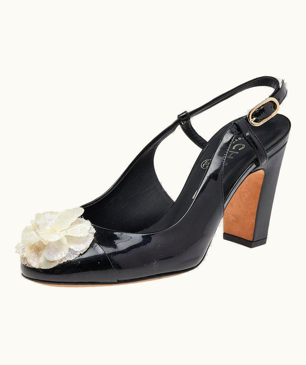 Chanel Chanel Black Patent Leather Camellia Embellished Slingback Sandals