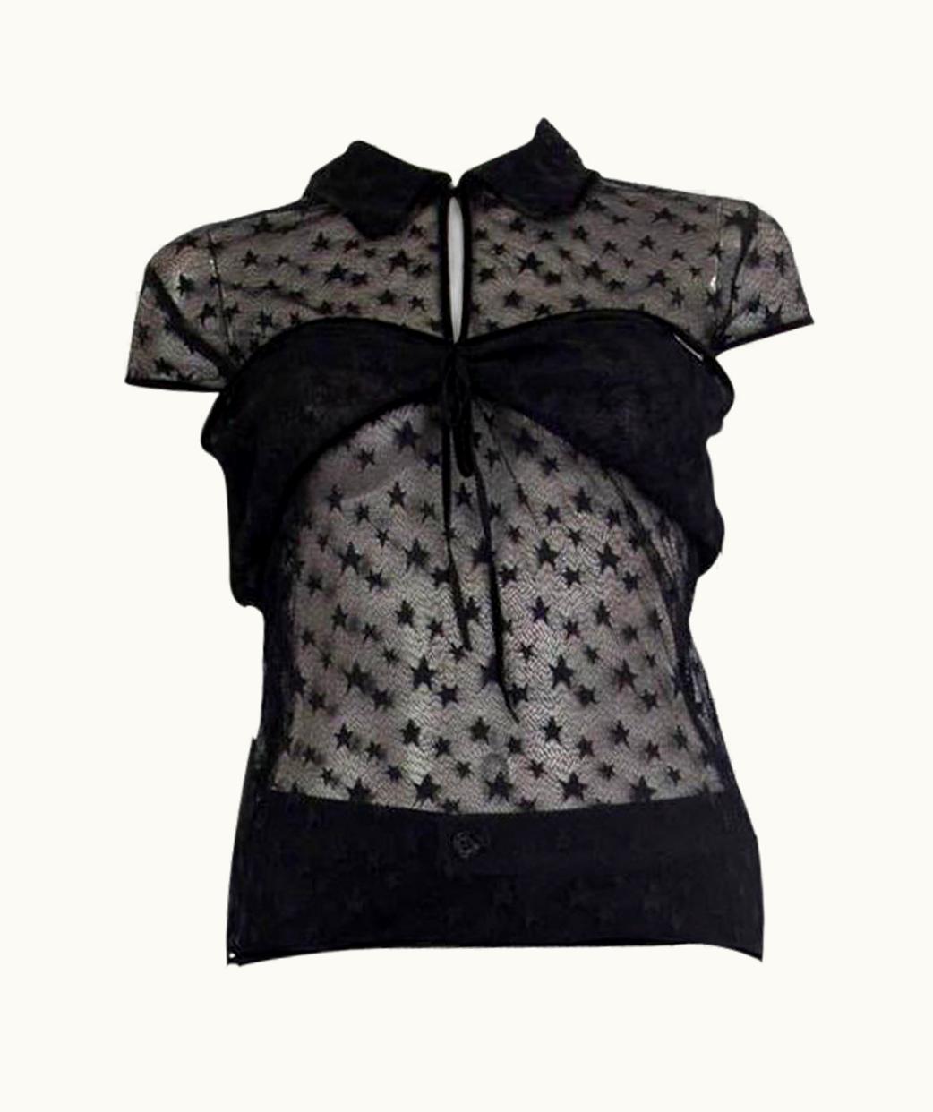 Chanel Chanel Black Sheer Star Lace Cap Sleeve Blouse Shirt