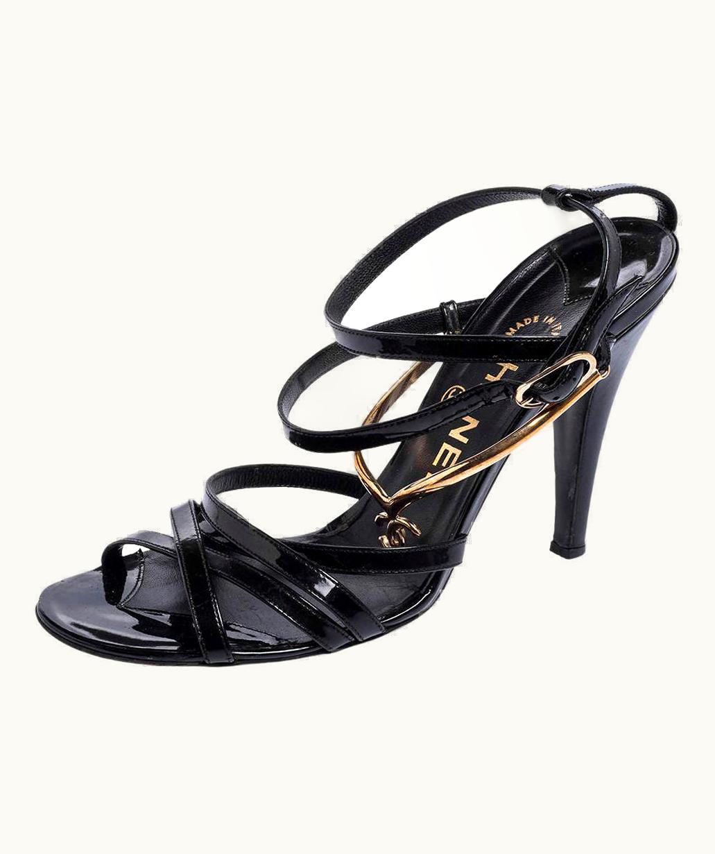 Chanel Chanel Black Patent Leather Strappy Ankle Strap Sandals