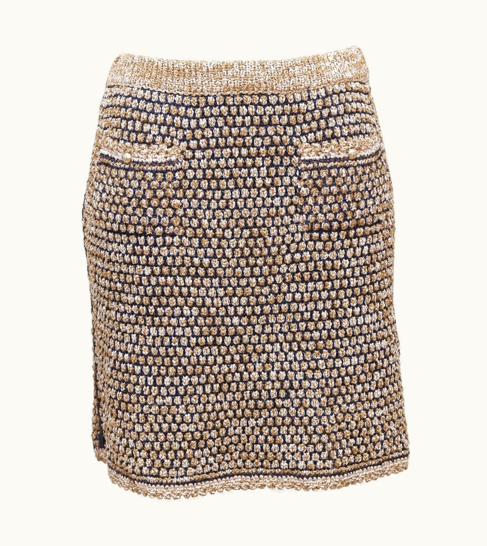 Chanel Chanel Knit Skirt Sweater Navy Beige Gold-Tone Buttons Pockets