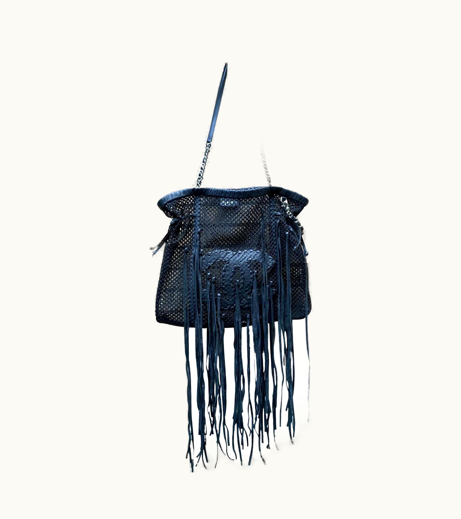 Chanel Chanel Limited Edition Resort 2011 Black Leather Fringe Mesh Tote Bag