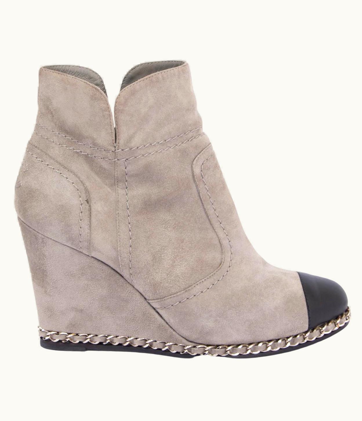 Chanel Chanel Grey Suede 2011 11k Chain Trim Wedge Ankle Boots Shoes