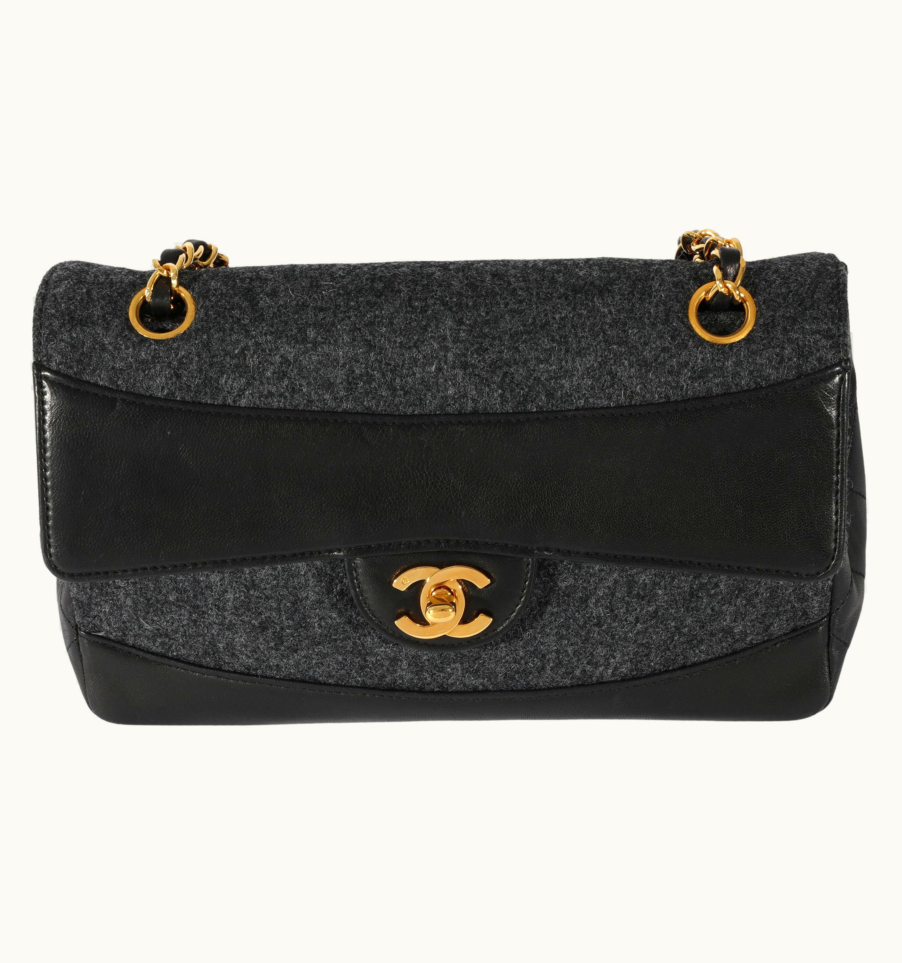 Chanel Chanel Vintage Black Lambskin & Grey Felt Classic Flap Bag