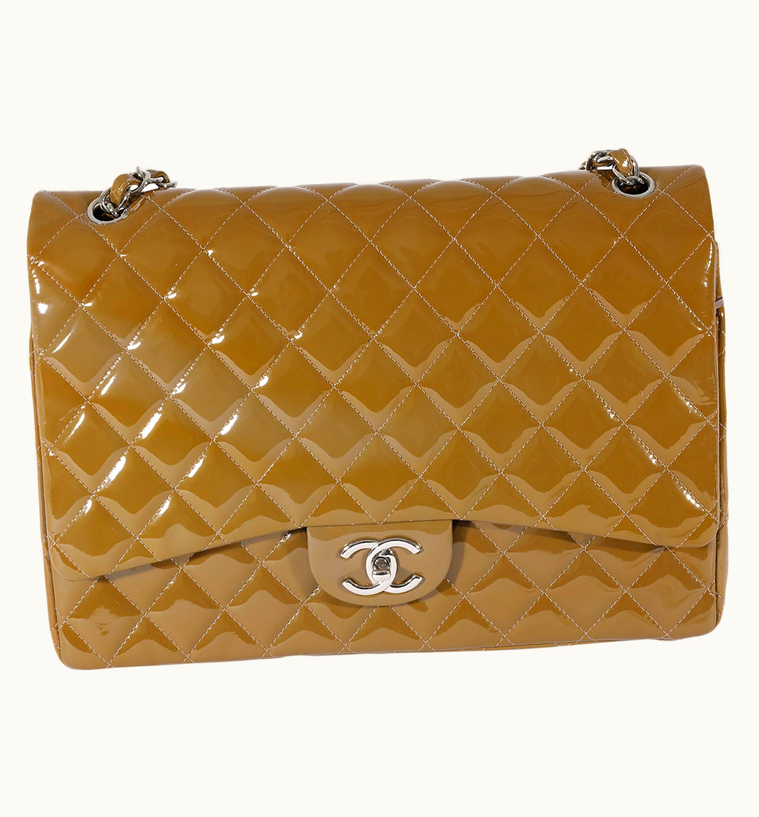 Chanel Chanel Tan Quilted Patent Leather Maxi Double Flap