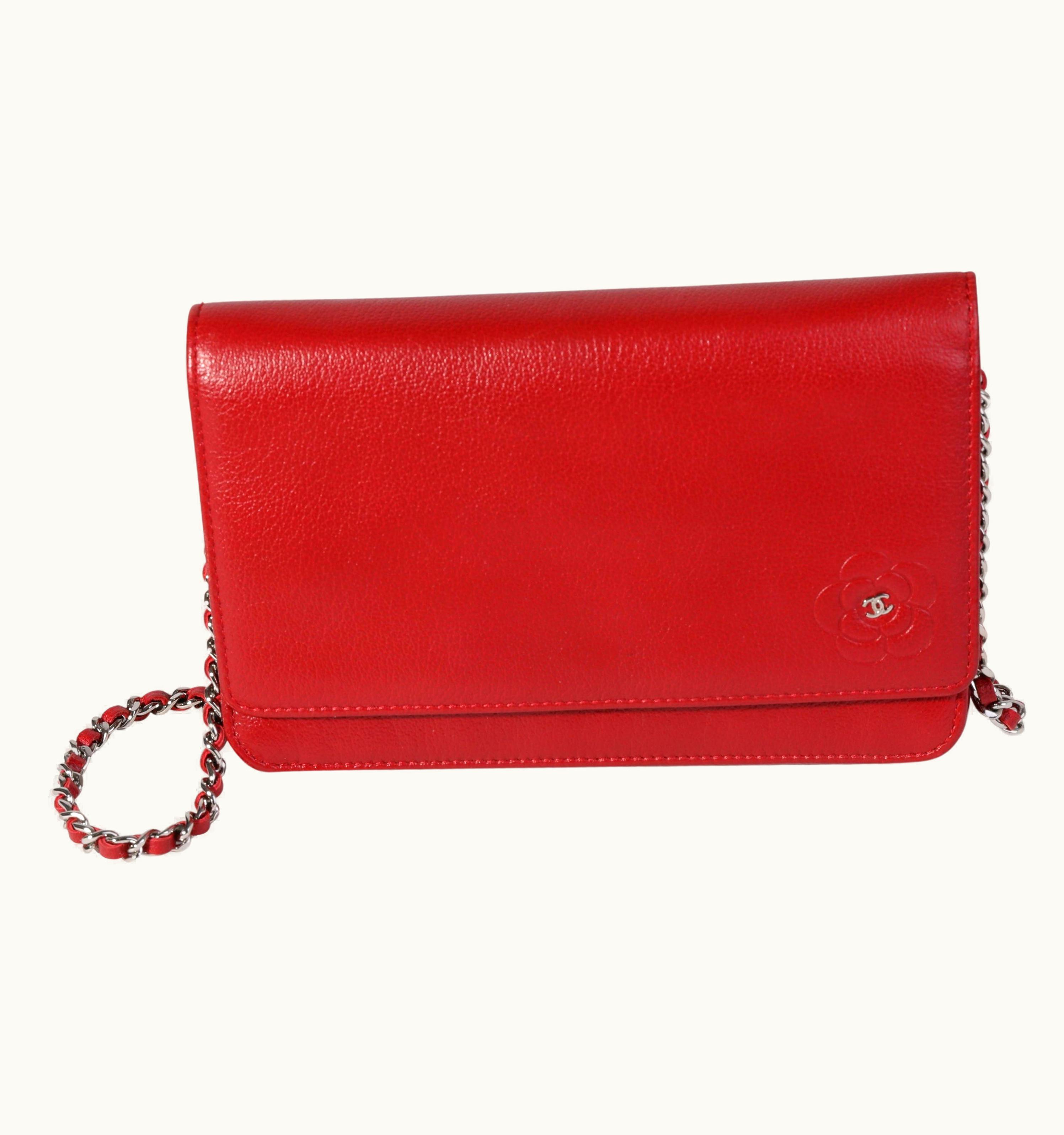 Chanel Chanel Red Grained Leather Camellia Wallet On Chain