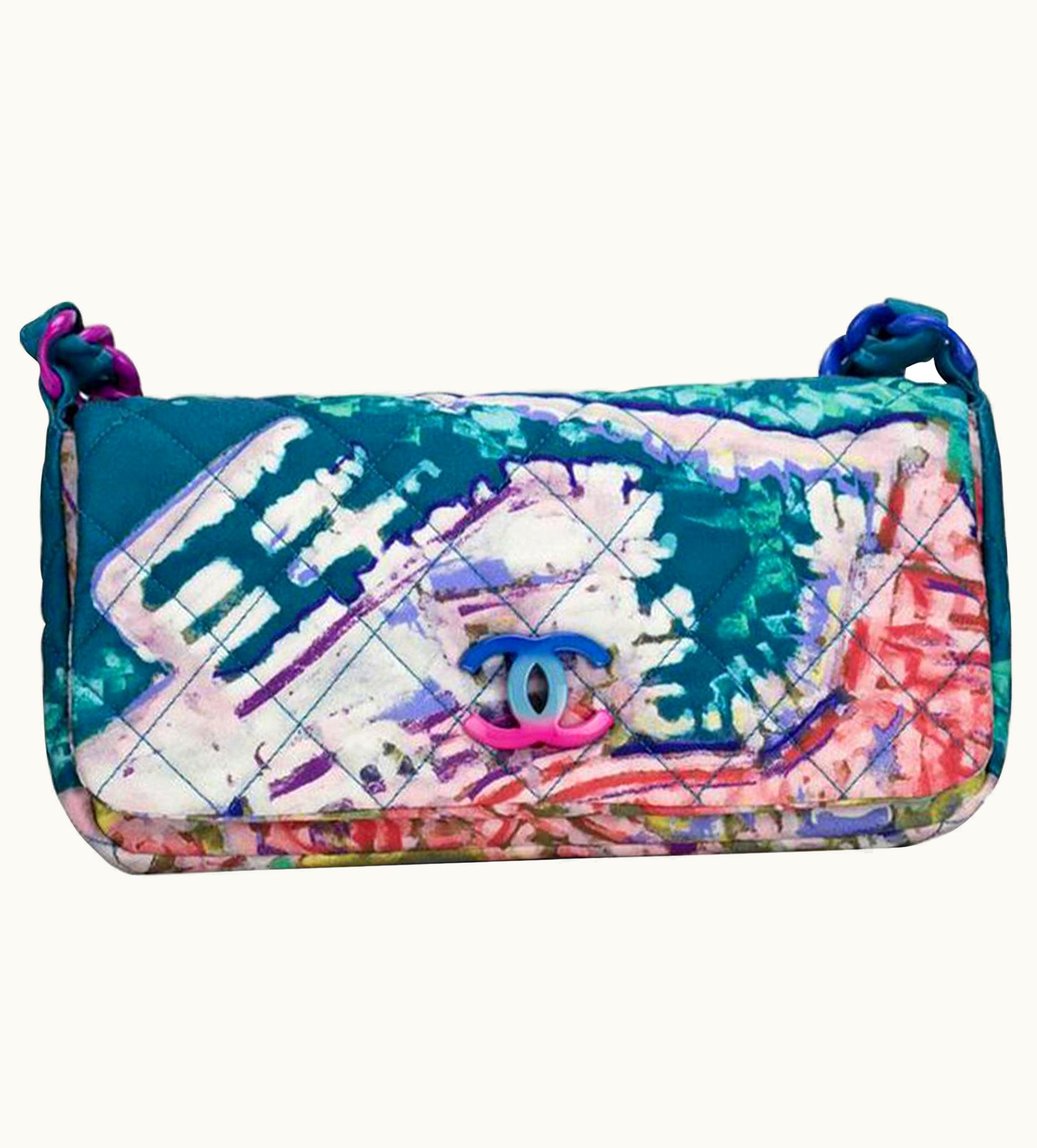 Chanel Chanel Bag With Top Handle Classic Flap Graffiti Watercolor Turquoise Nylon Bag