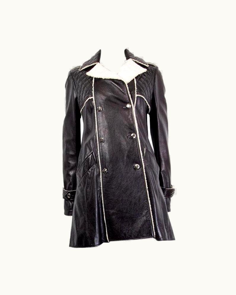 Chanel Chanel Black Leather Double Breasted Shearling Peacoat Coat Jacket