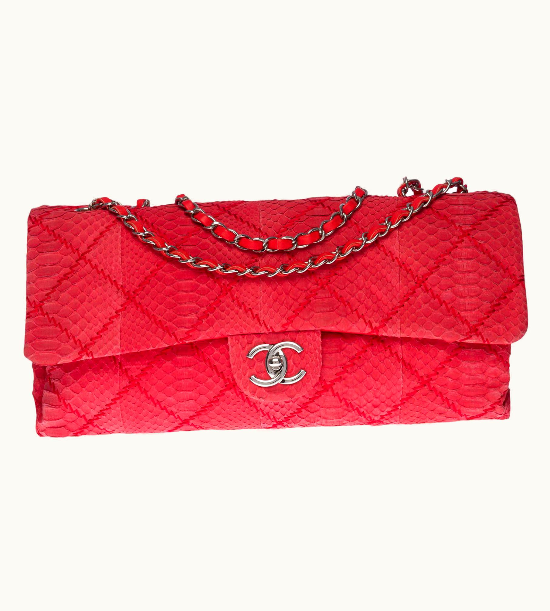 Chanel Chanel Classic Xl Shoulder Bag In Red Quilted Python, Silver Hardware