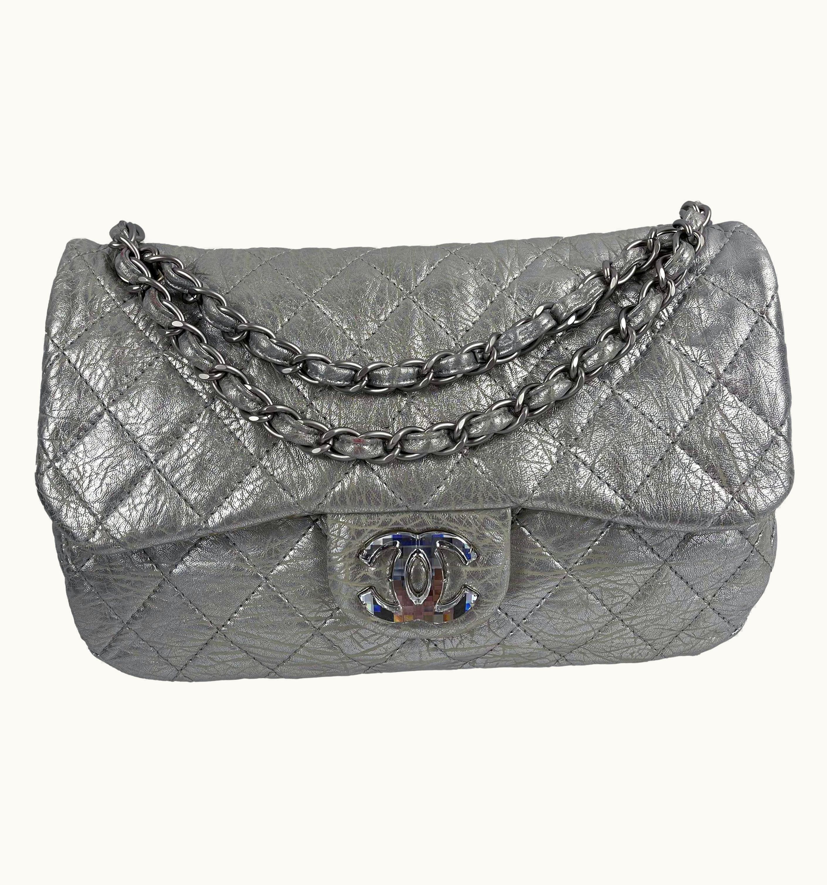 Chanel Chanel Silver Jumbo Icy Crinkled Leather Flap Bag Shoulder Bag S/S Crossbody