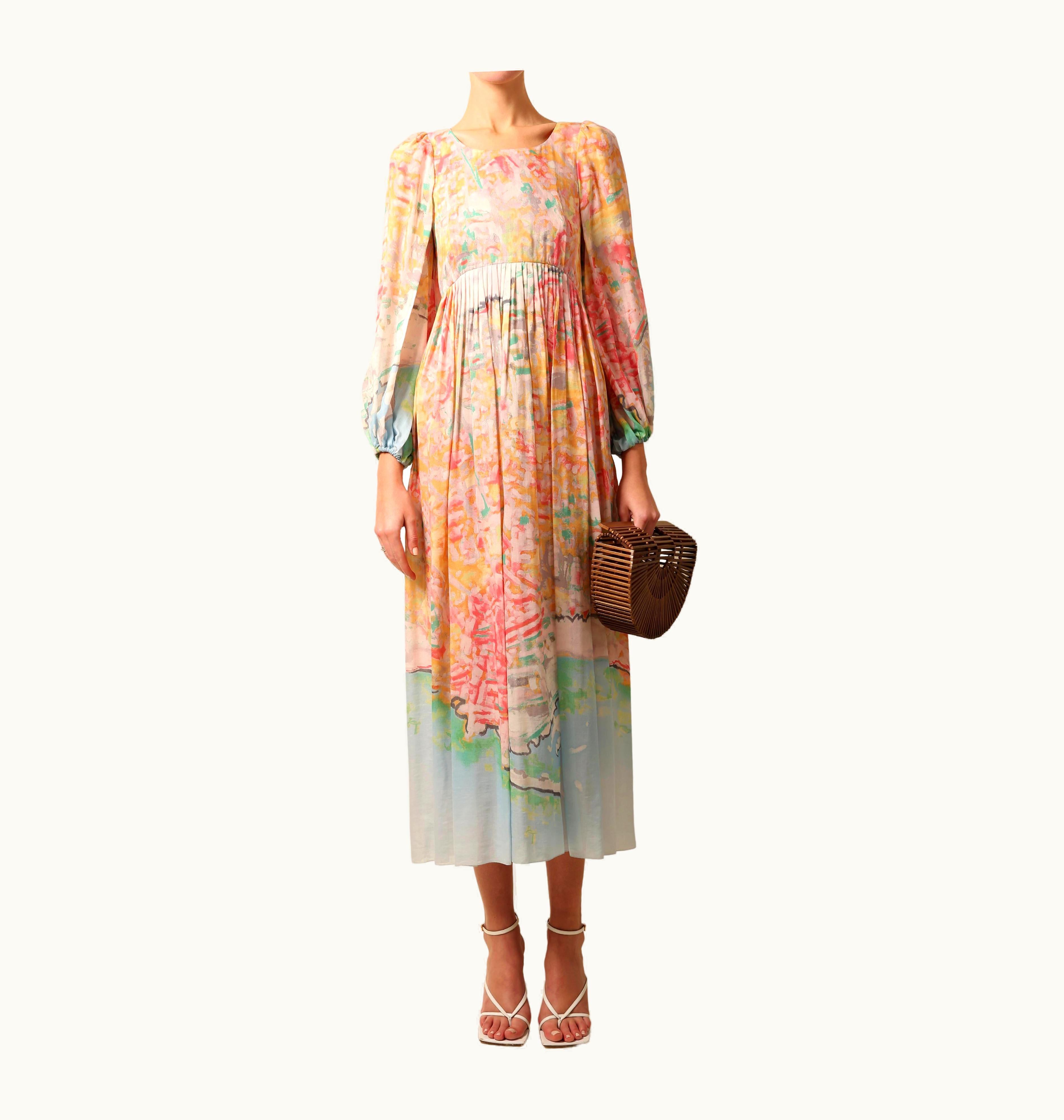 Chanel Chanel Pink Blue Pastel Babydoll Print Puff Sleeve Midi Maxi Pleated Silk Dress