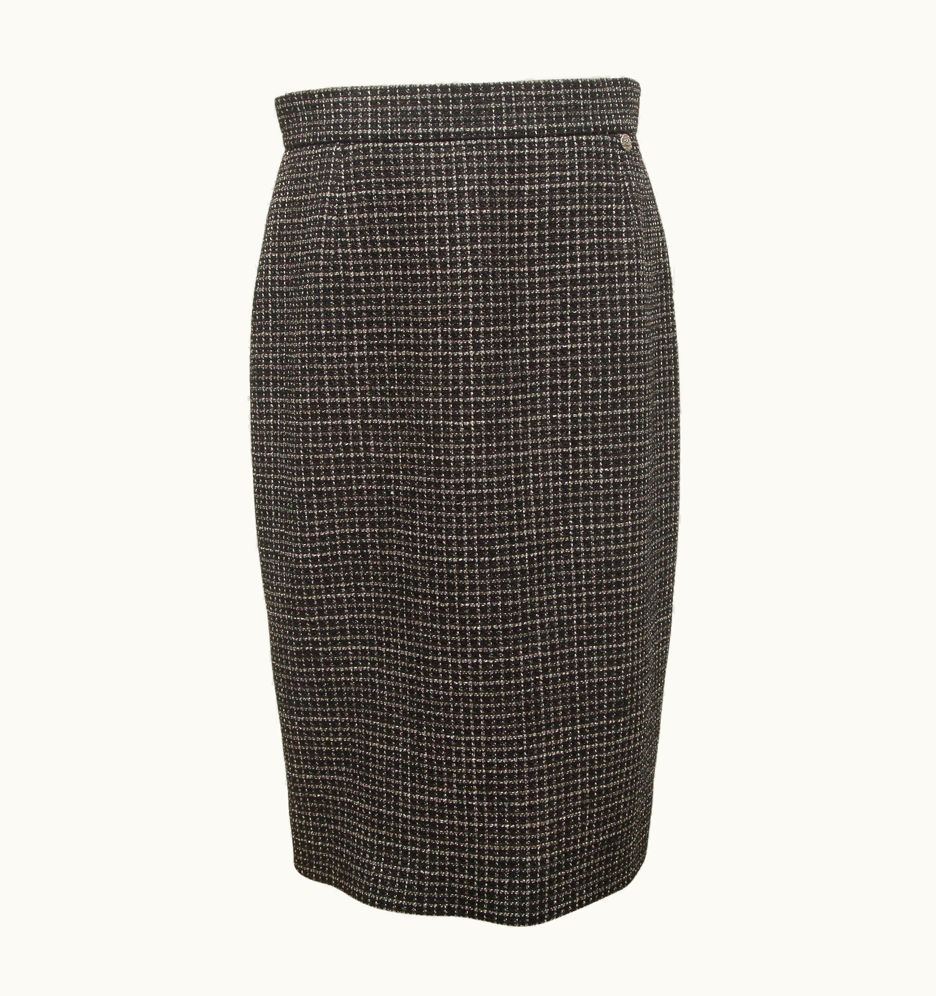 Chanel Chanel Black Tweed Skirt Iridescent Pink Gunmetal Cc Logo