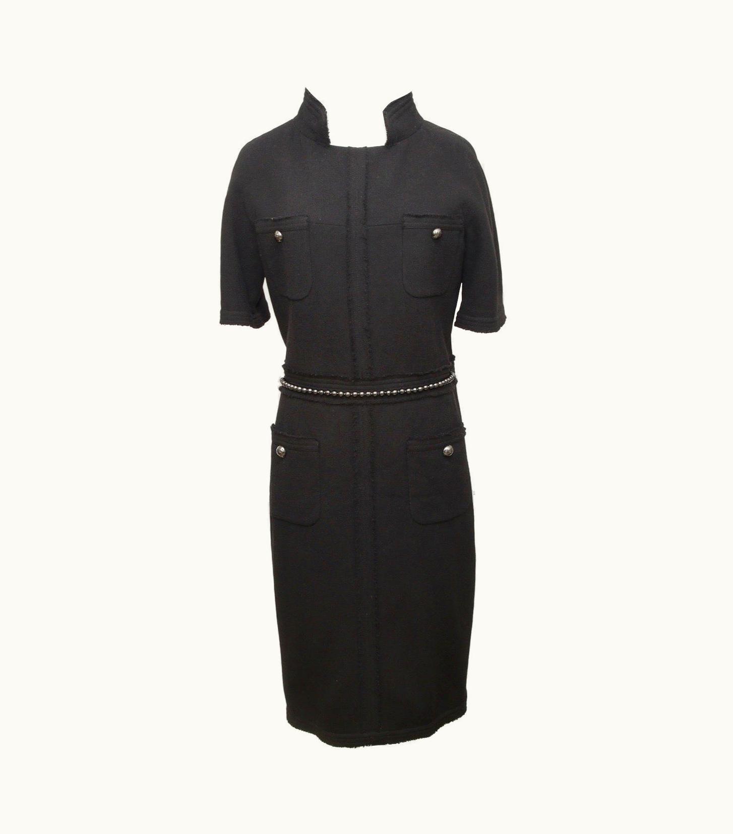 Chanel Chanel Black Dress Short Sleeve Pearls Gunmetal Belt Chain Cc Mock Neck