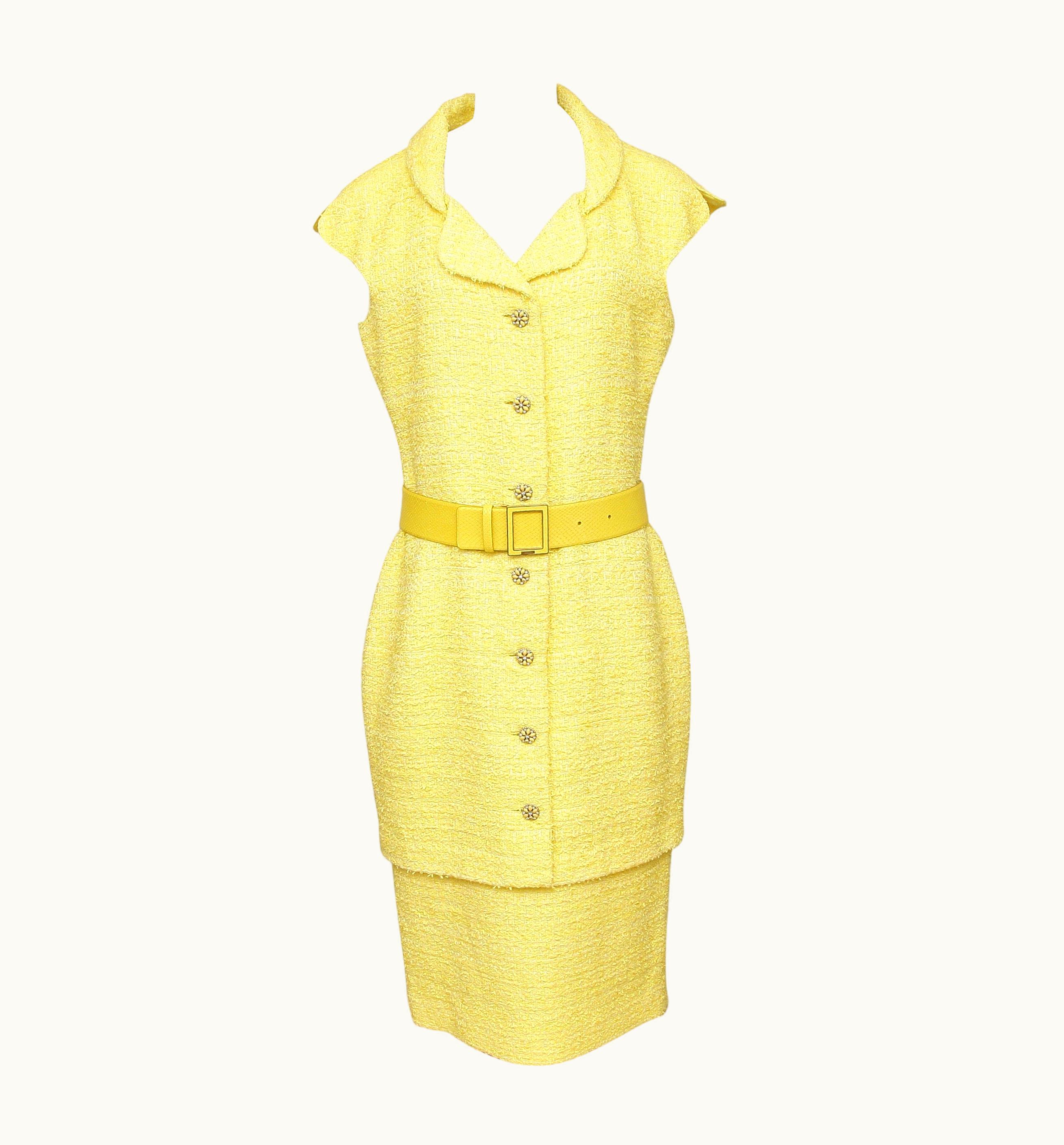 Chanel Chanel Yellow Tweed Dress Gripoix Buttons Belt Lesage Cap Sleeve