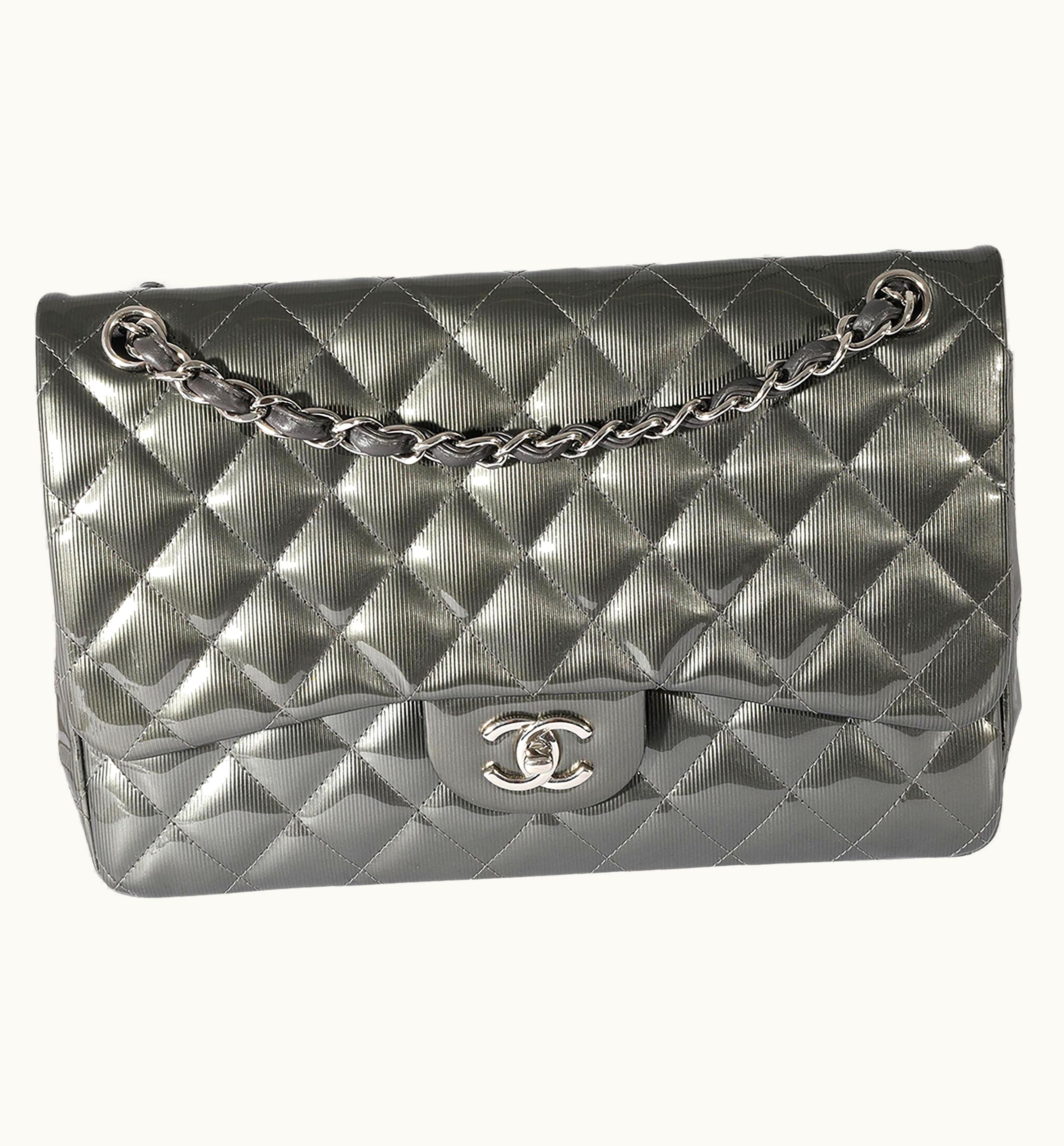 Chanel Chanel Grey Patent Leather Stripe Jumbo Double Flap
