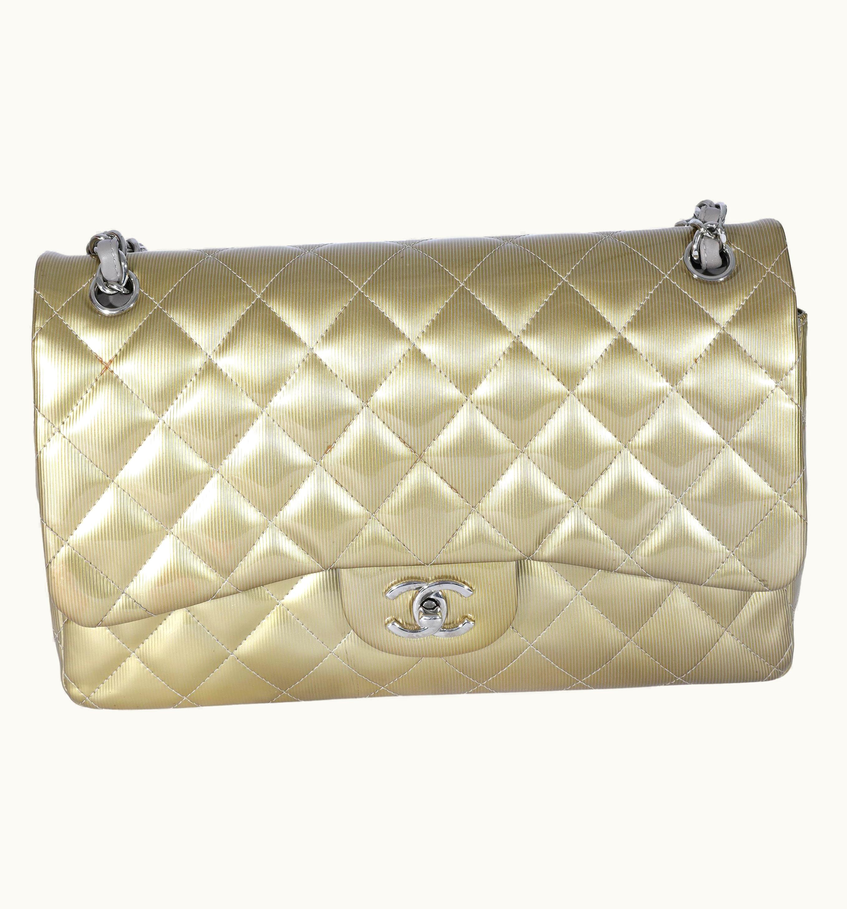 Chanel Chanel Gold Patent Stripe Jumbo Classic Flap Bag