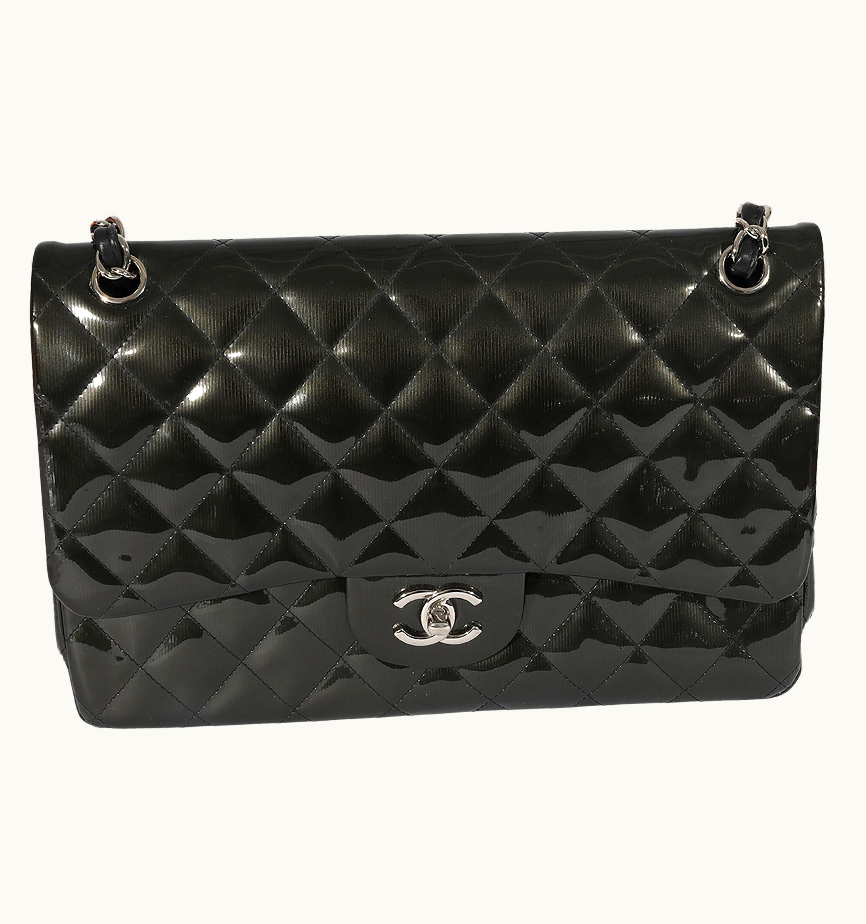 Chanel Chanel Grey Quilted Patent Leather Stripe Jumbo Double Flap Bag