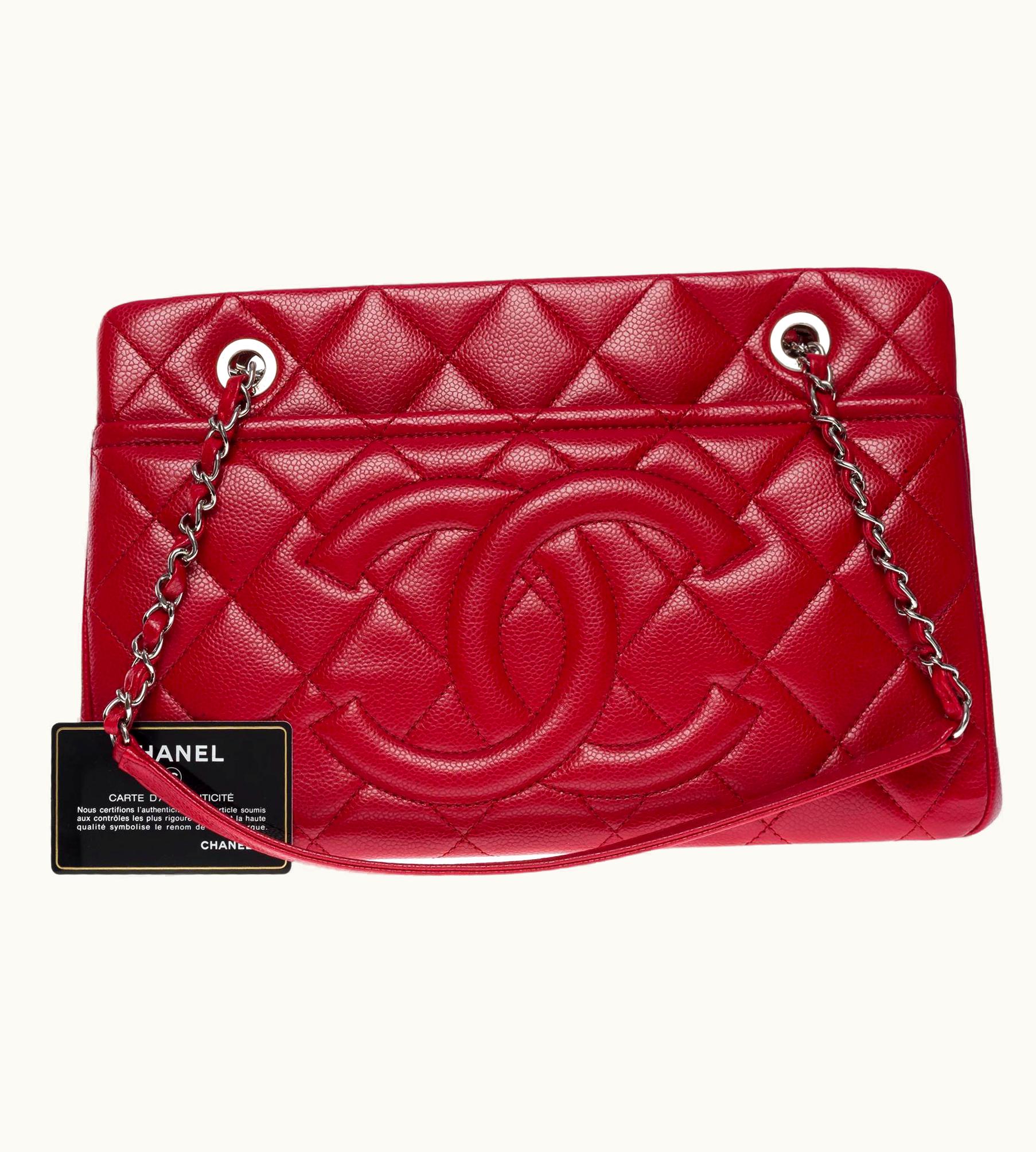 Chanel Bright & Amazing Chanel Shopping Tote Bag In Red Caviar Quilted Leather, Shw