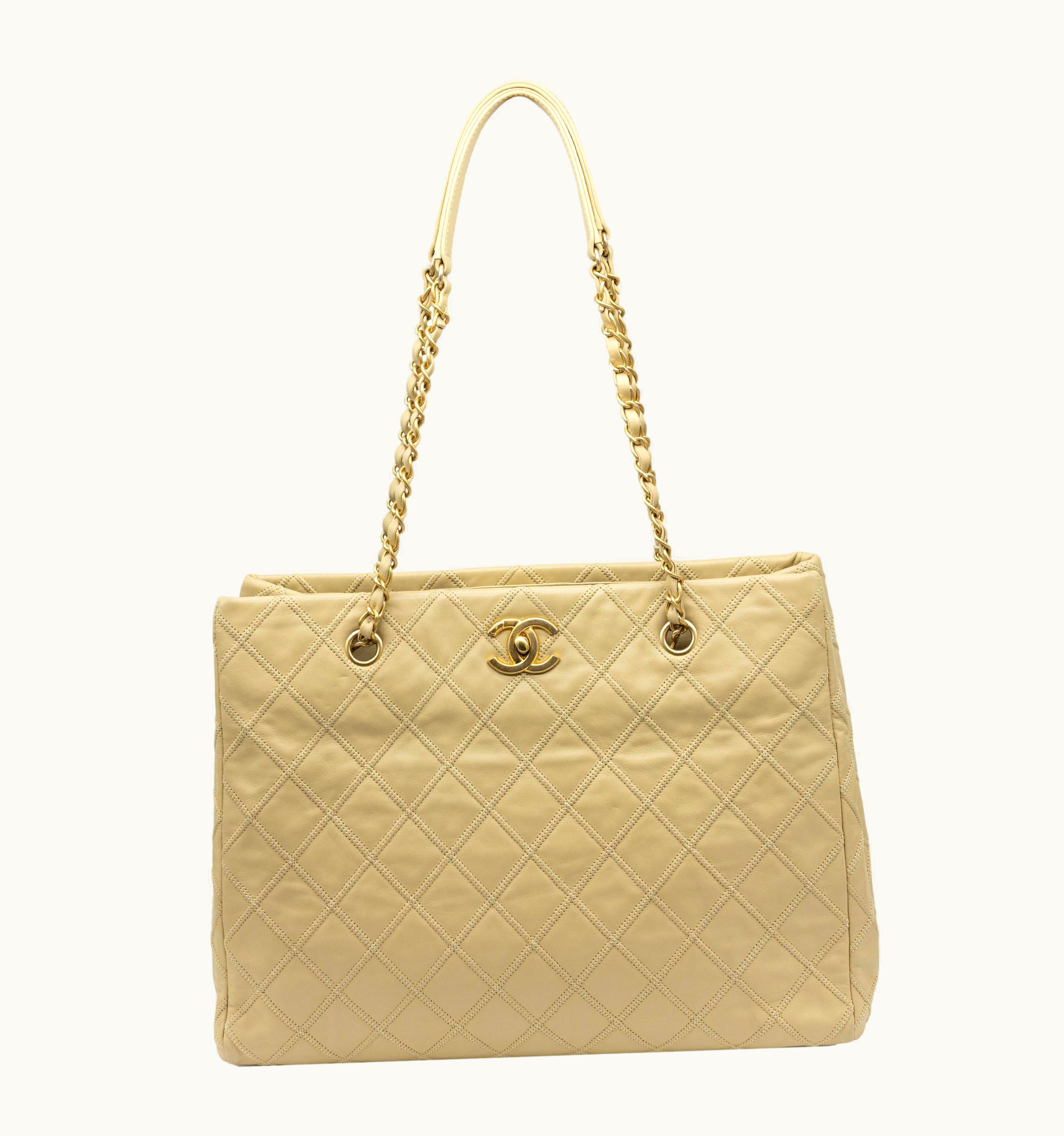 Chanel Chanel Quilted Beige Calfskin Thin City Accordion Turnlock Large Tote Bag