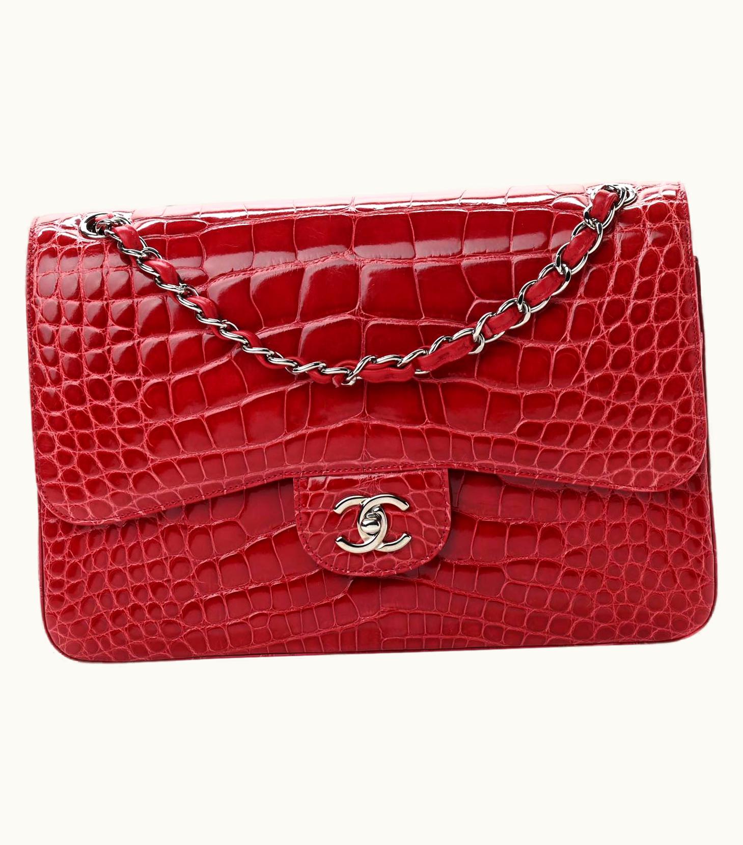 Chanel Chanel Red Alligator Exotic Leather Silver Hardware Jumbo Shoulder Flap Bag