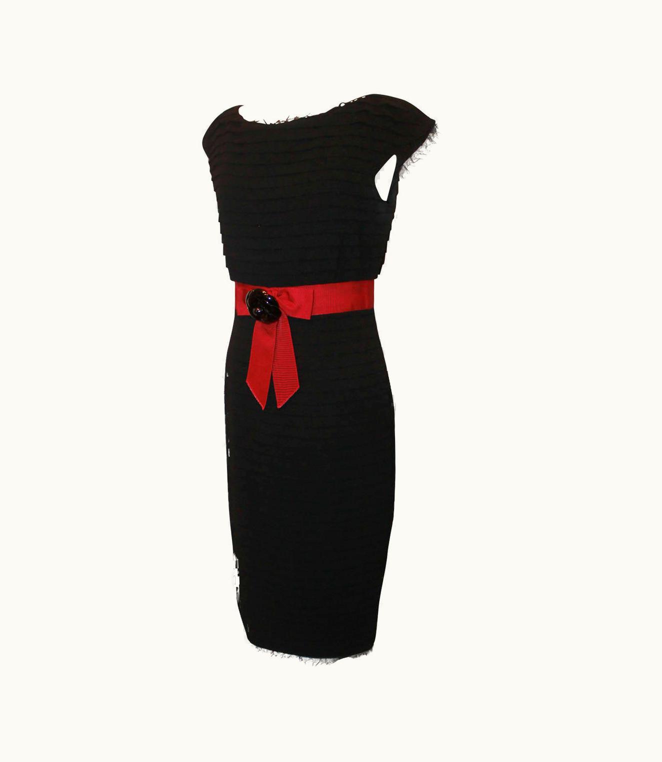 Chanel Chanel 2012 Black Wool Tiered Dress With Red Ribbon & Black Camellia