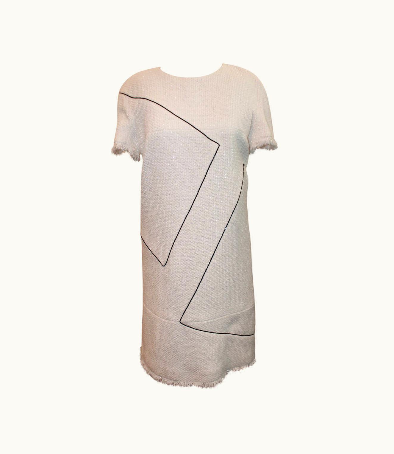 Chanel Chanel 2012 Ivory Shift Dress With Black Patent Detail & Fringe Trim