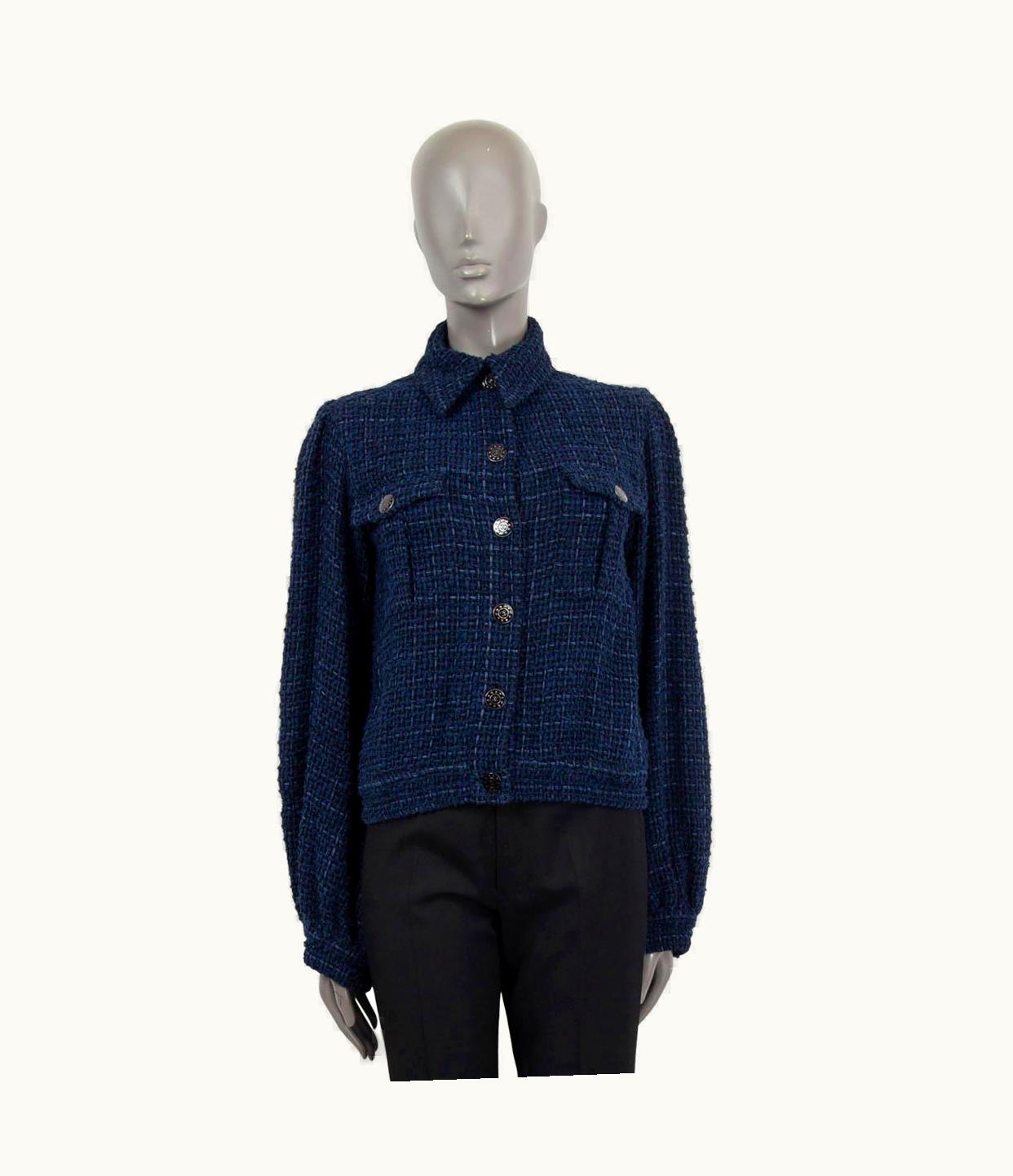 Chanel Chanel Blue & Black Cotton 2013 13p Tweed Bomber Jacket 34 Xxs