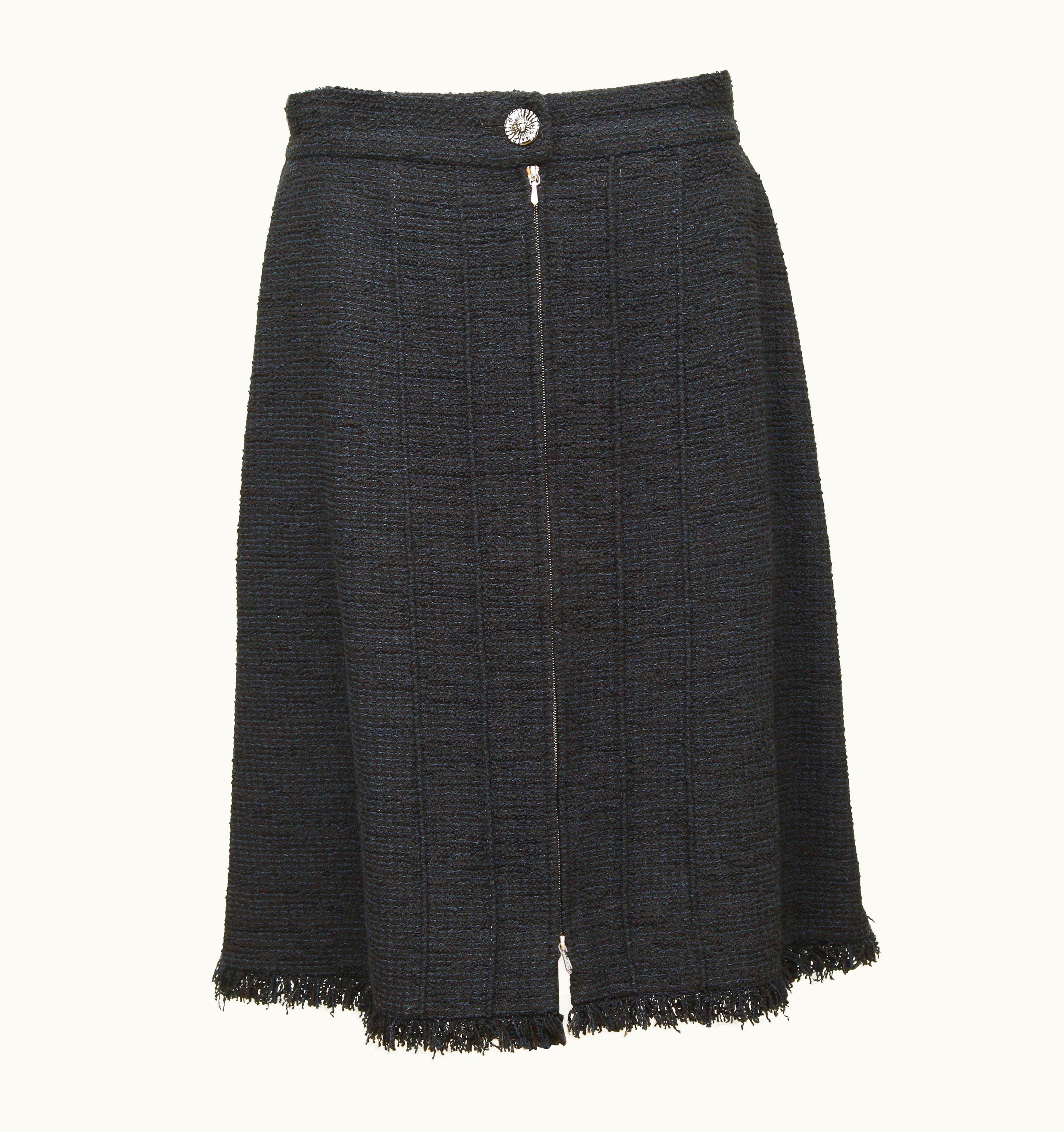 Chanel Chanel Black Blue Tweed Skirt Cotton Zipper Button Pockets