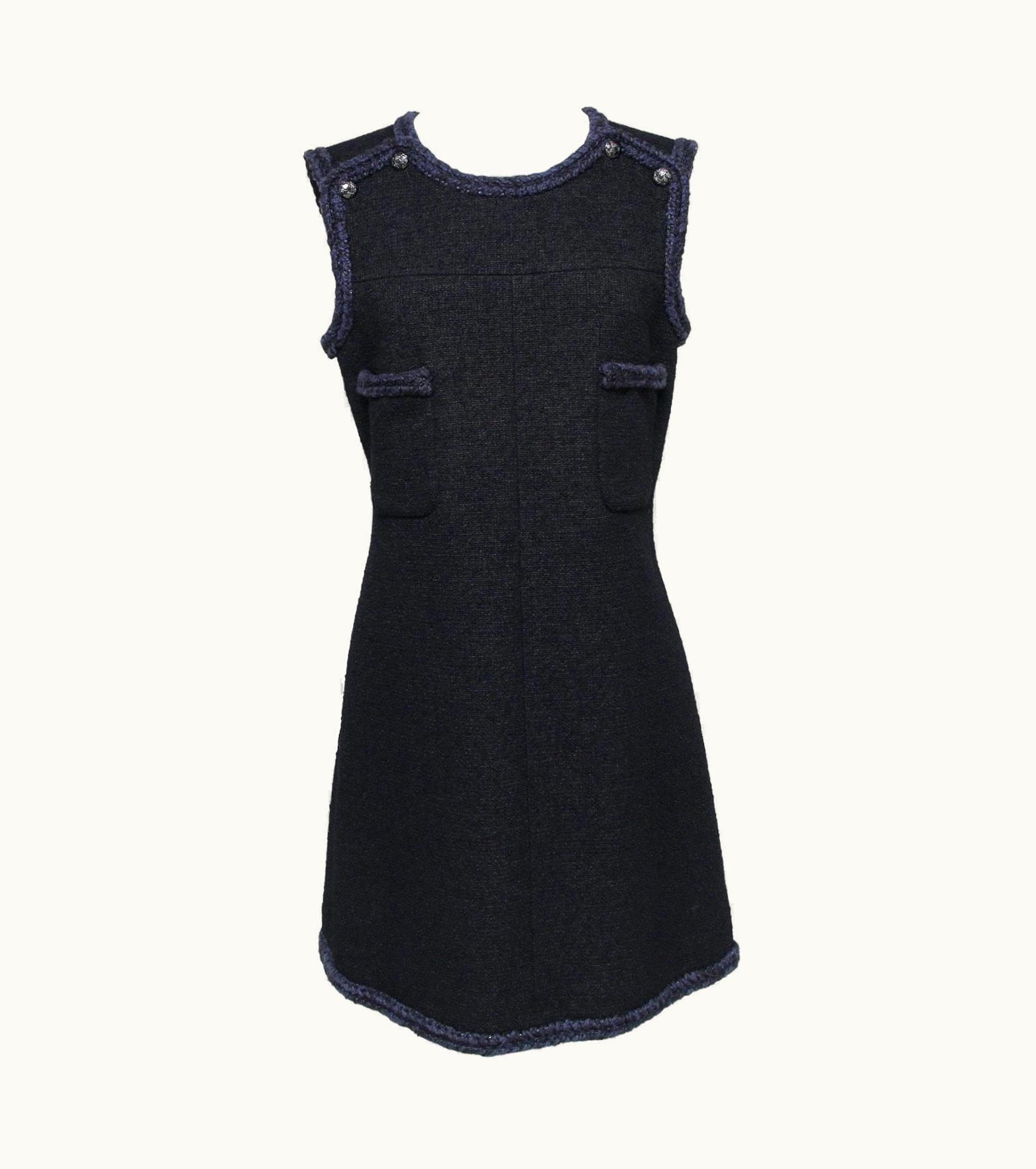 Chanel Chanel Dress Tweed Black Navy Sleeveless Braided Trim Wool Silk 2013