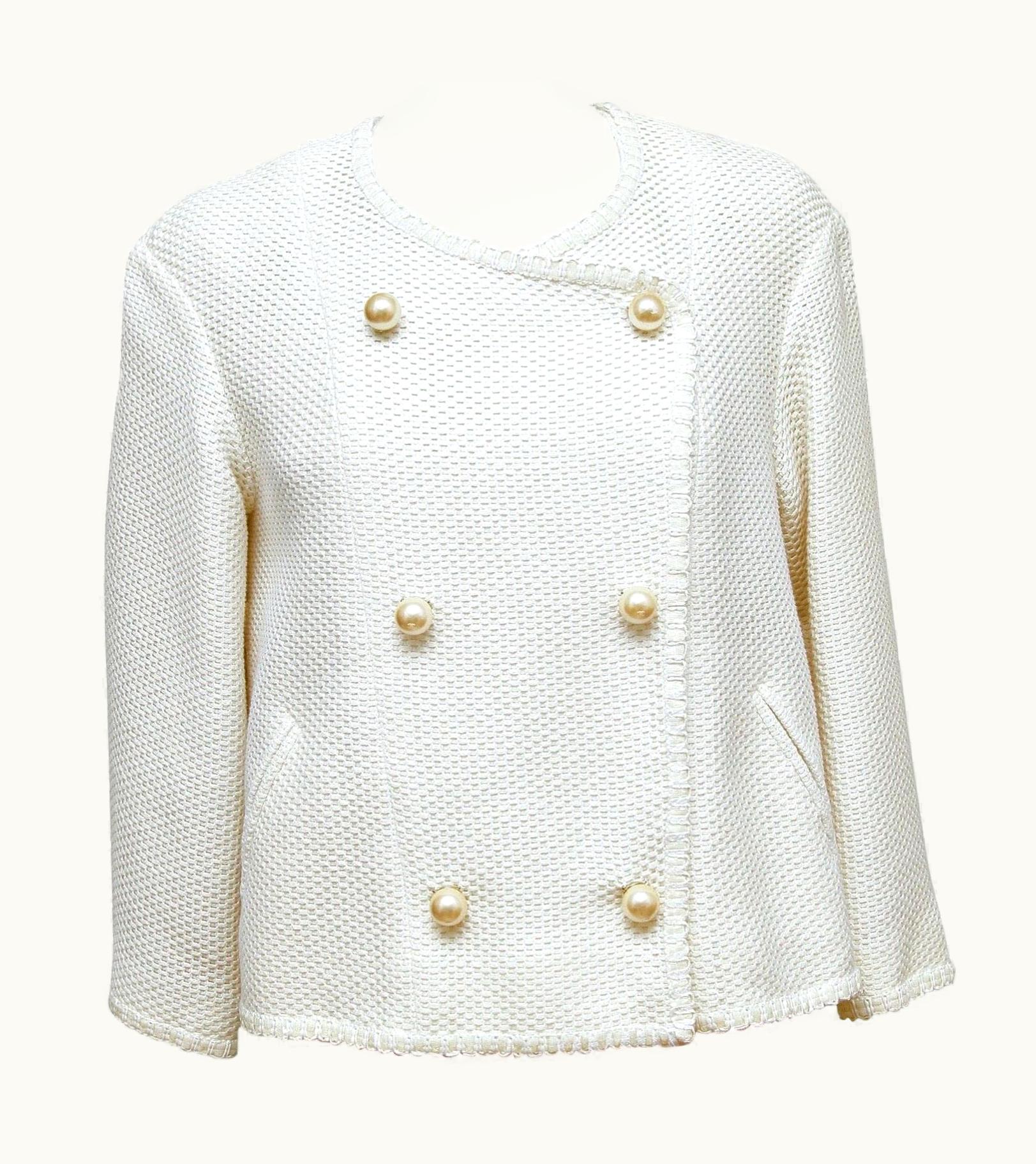 Chanel Chanel Tweed Jacket Coat White Pearl 3/4 Sleeve Double Breasted 2013 13s
