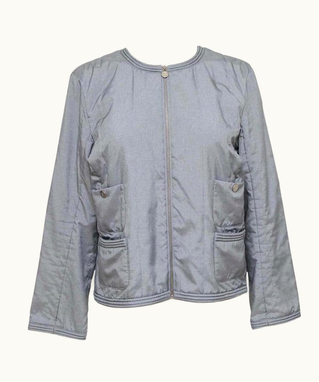 Chanel Chanel Jacket Quilted Collarless Grey Blue Zipper Front 2013 UZ0594691