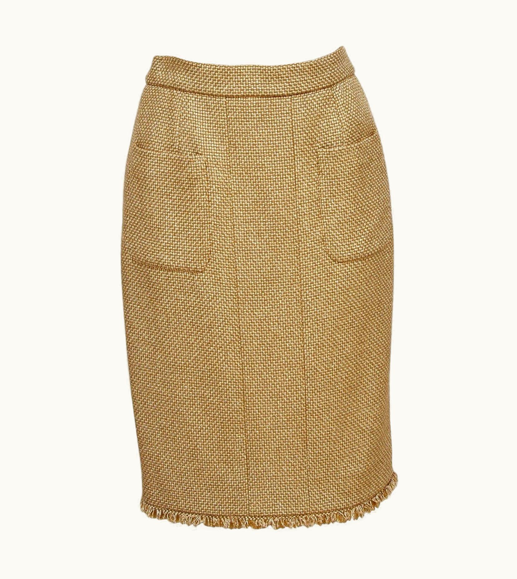 Chanel Chanel Gold Tweed Skirt Metallic Cc Buttons Fringe Vent