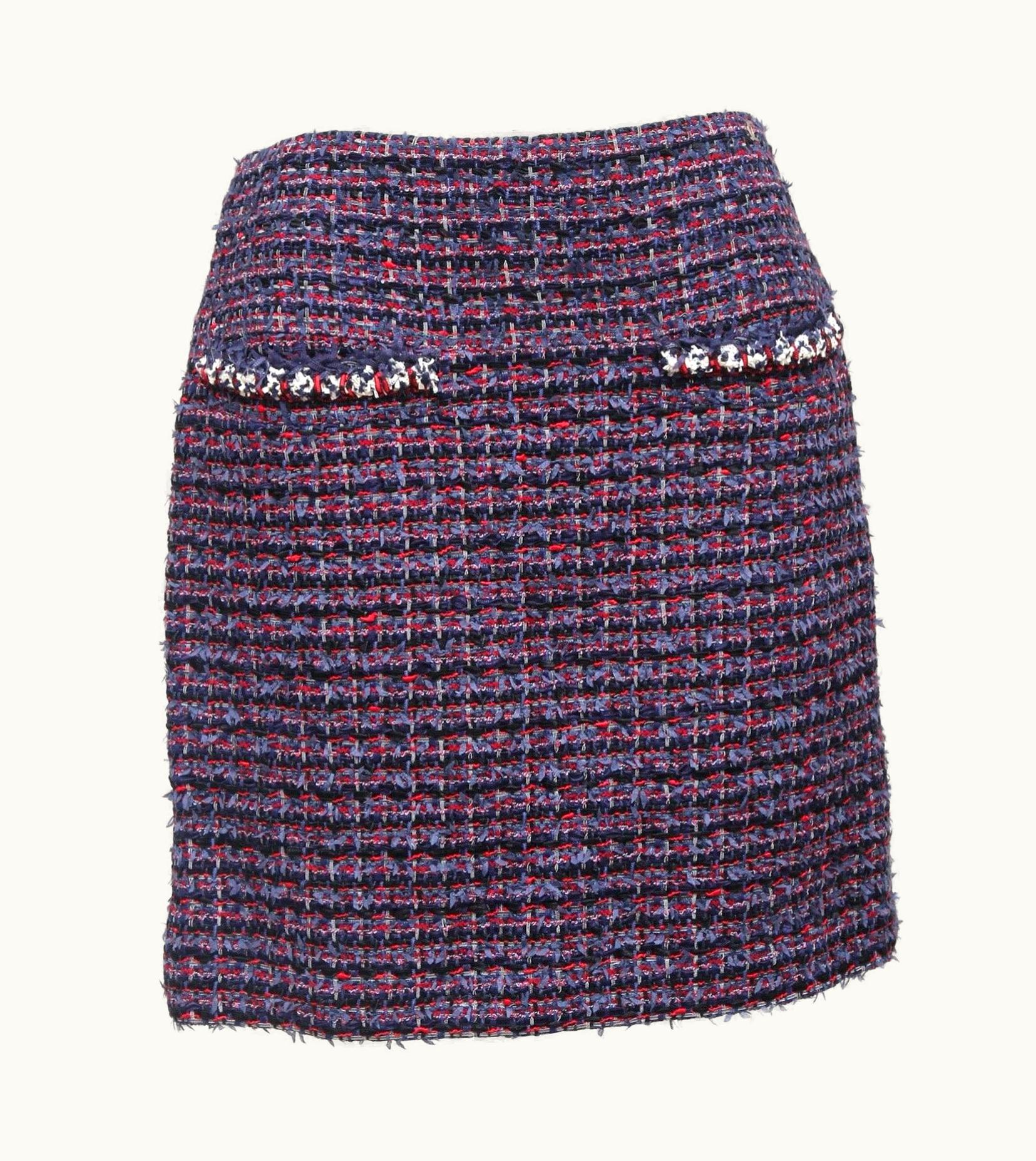 Chanel Chanel Skirt Tweed Lesage Blue Red Black Above Knee Gold-Tone Cc Logo