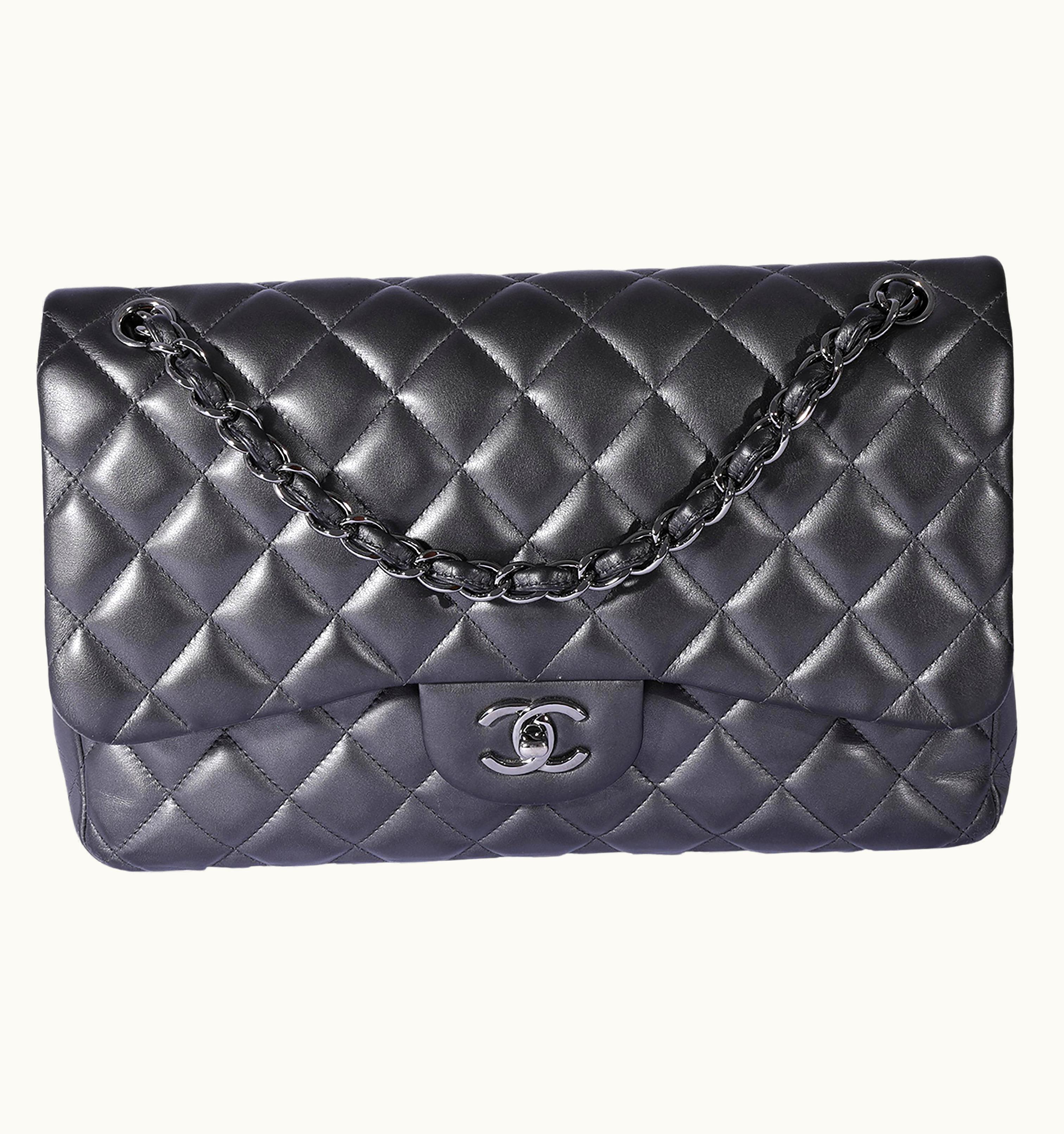 Chanel Chanel Metallic Gunmetal Quilted Lambskin Jumbo Double Flap Bag
