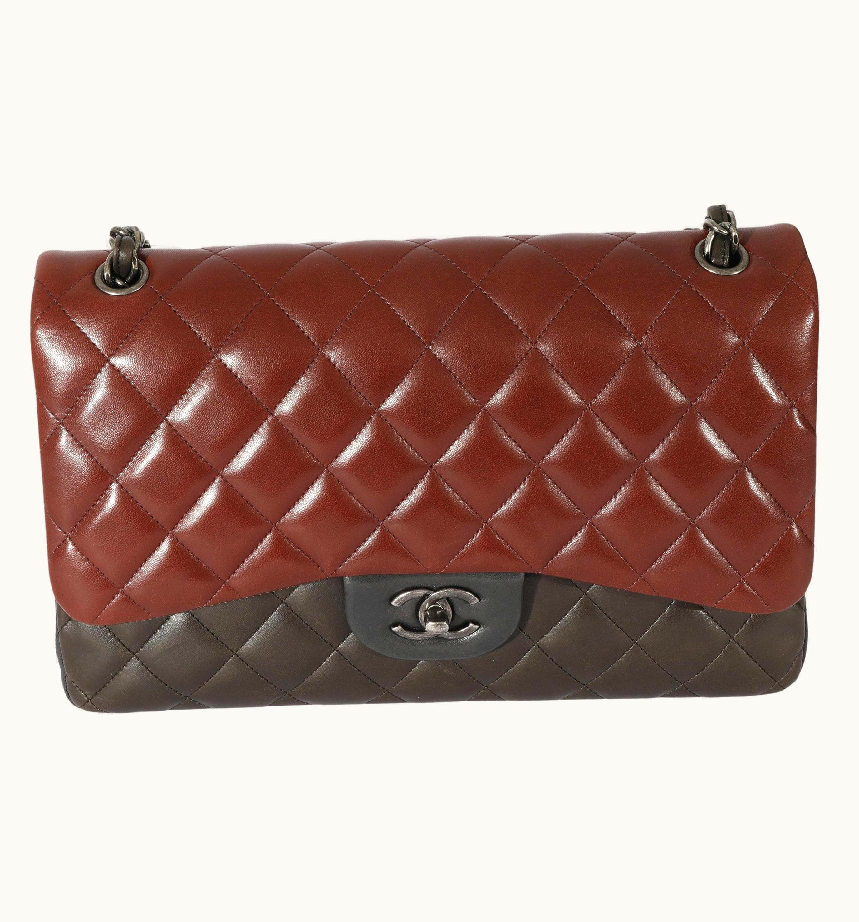 Chanel Chanel Jumbo Double Flap Bag in Bi-Color Quilted Lambskin Burgundy/Gray